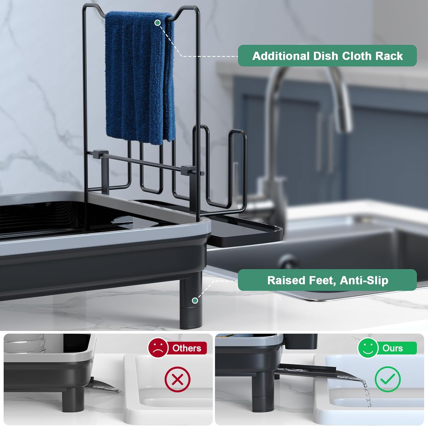 Escurridor de platos, escurridor de platos para encimera de cocina con escurridor, estante de metal duradero con soporte para cubiertos para platos,