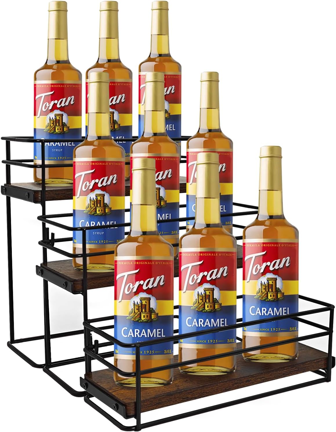 VANMEE Estante organizador de 9 botellas de jarabe de café, sin instalación, soporte de 3 niveles para botella de jarabe de café, estante de