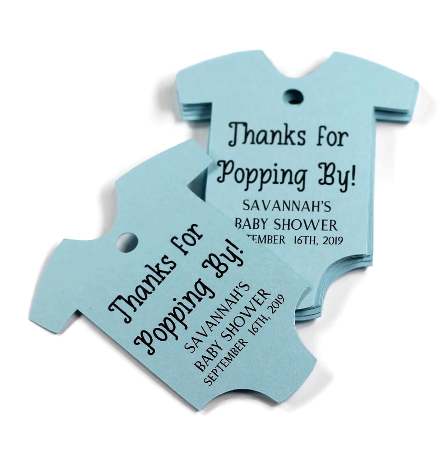 Personalized Baby Shower Tags in One Piece Shape – Thanks for Popping By – 15pc (Blue)