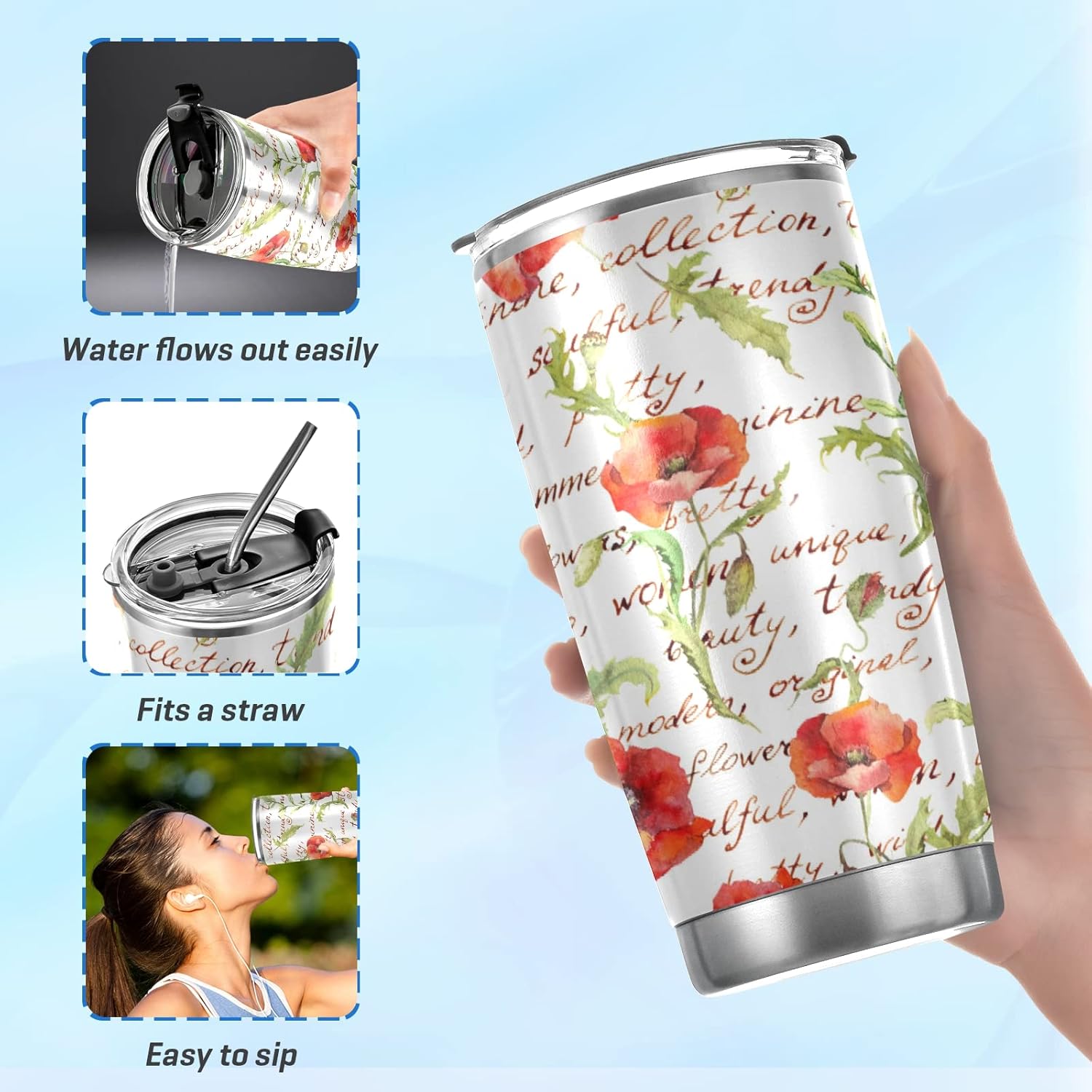 ALAZA Vintage Floral Poppy Flowers with Letters Tumbler with Lids and Straws,Reusable Stainless Steel Vacuum Insulated Tumbler Cup,Iced Coffee