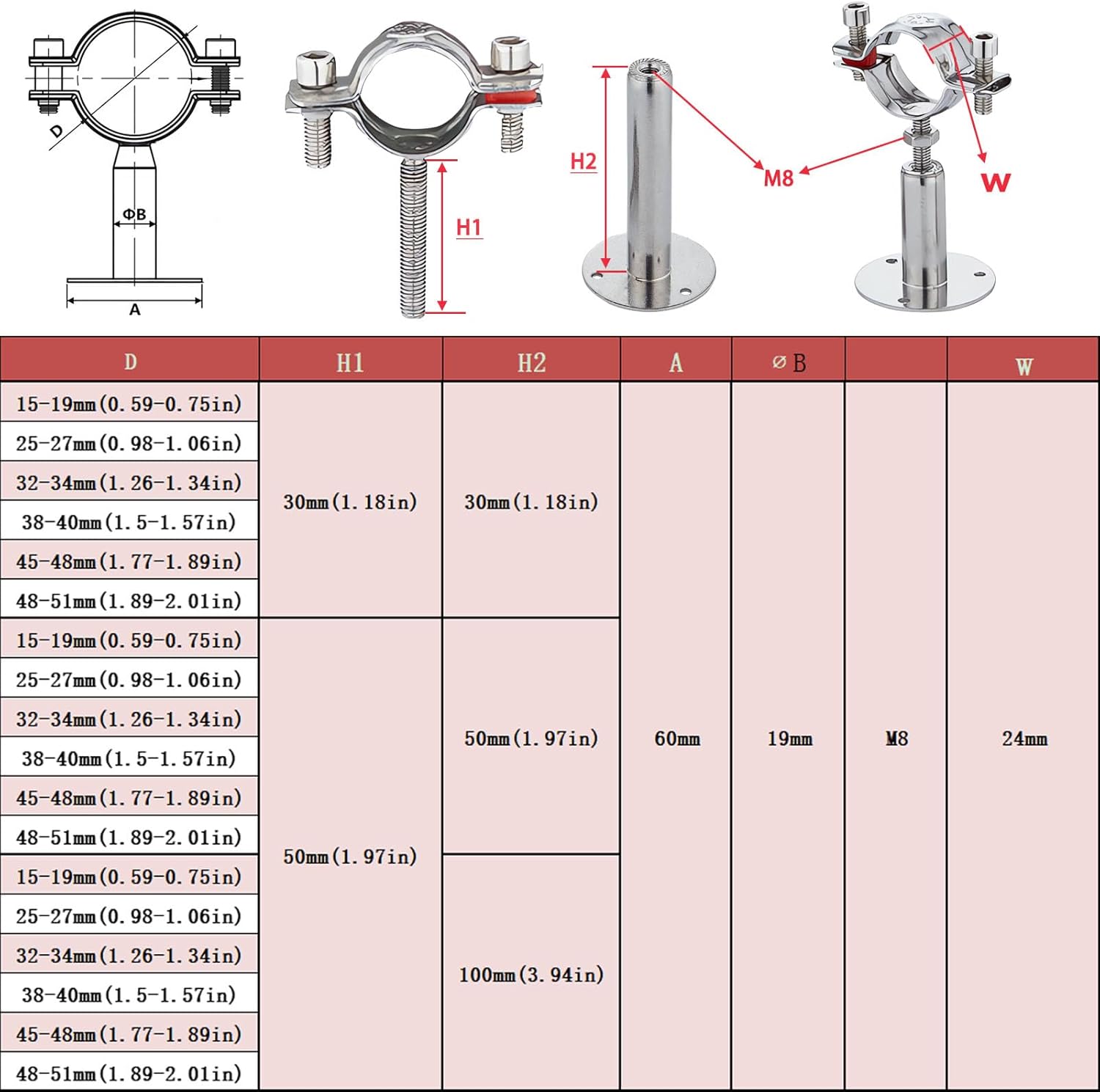 2 tubos de montaje en pared para montaje en techo, tubos de acero inoxidable 304, soporta separación de tuberías, altura ajustable de 30-60 mm