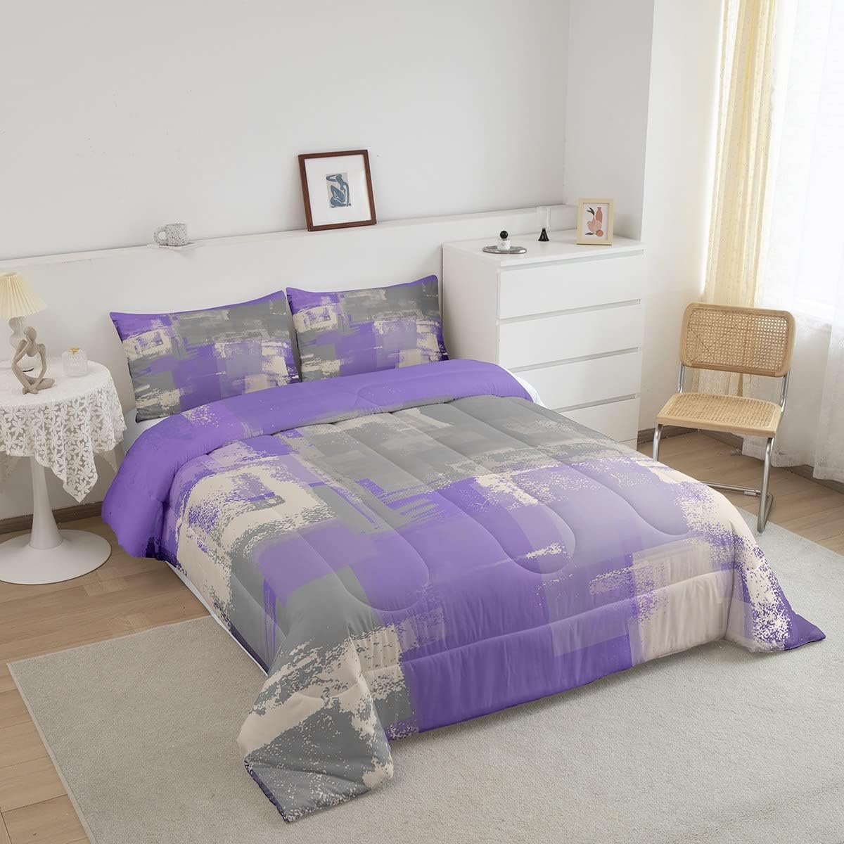 Erosebridal Juego de edredón gris morado para niños, niñas y adolescentes, juego de ropa de cama de pintura al óleo King, relleno de edredón de