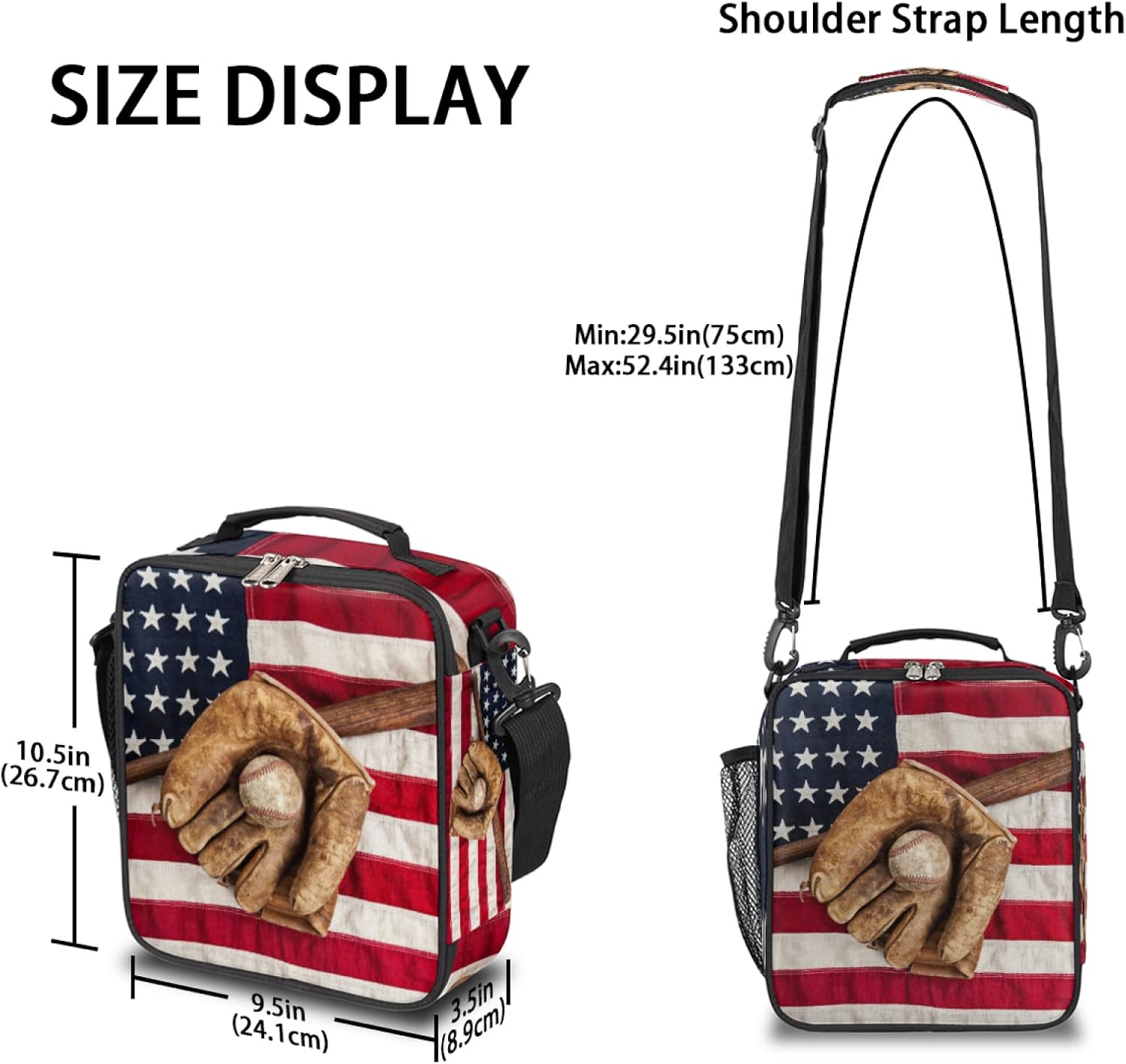 Lonchera con aislamiento de béisbol vintage, bolsas de almuerzo para niños, bolsa de almuerzo reutilizable con bandera estadounidense de béisbol,