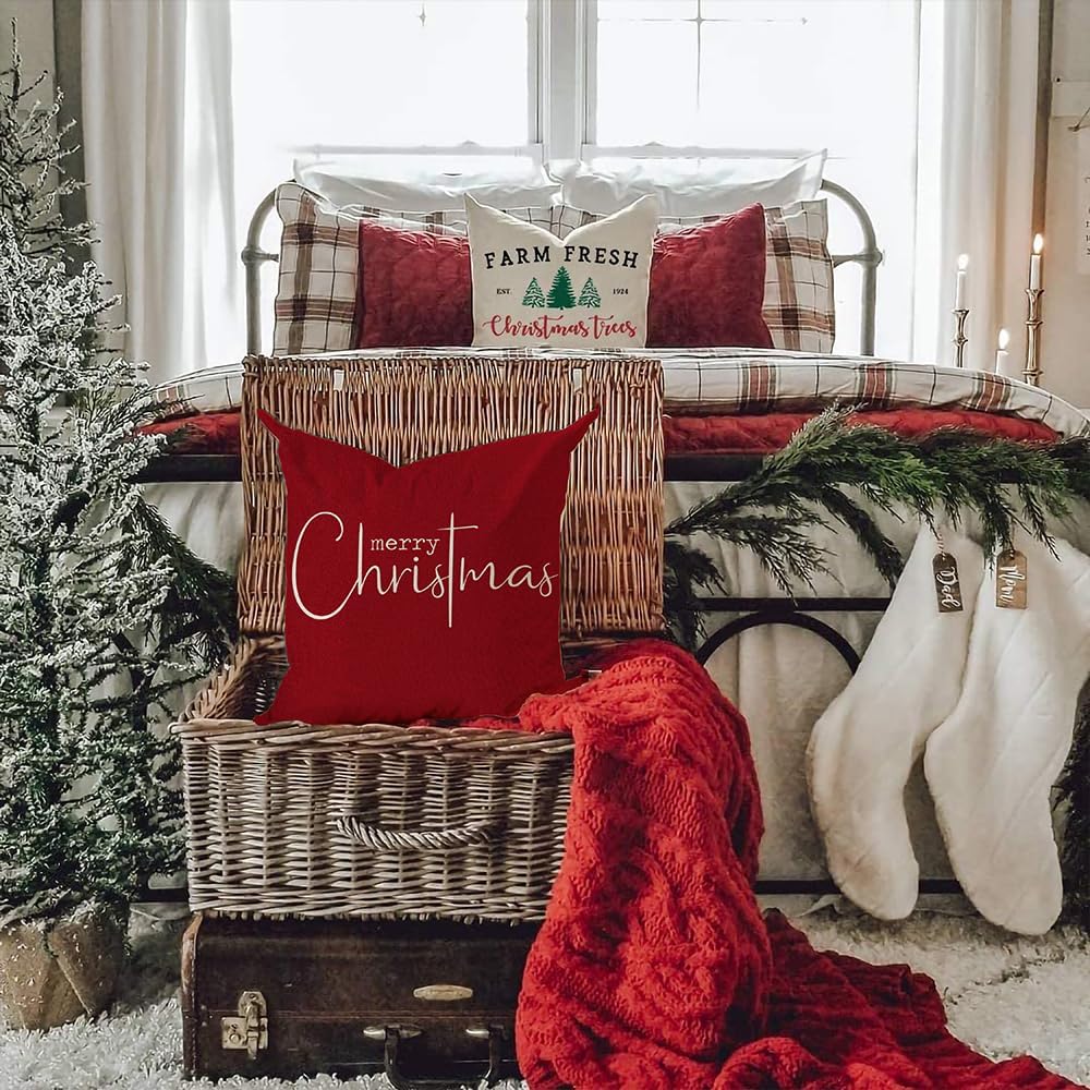 Fundas de almohada navideñas con texto en inglés Merry Christmas, decorativas, de tela de algodón, color rojo, de lino, funda de almohada para sofá,