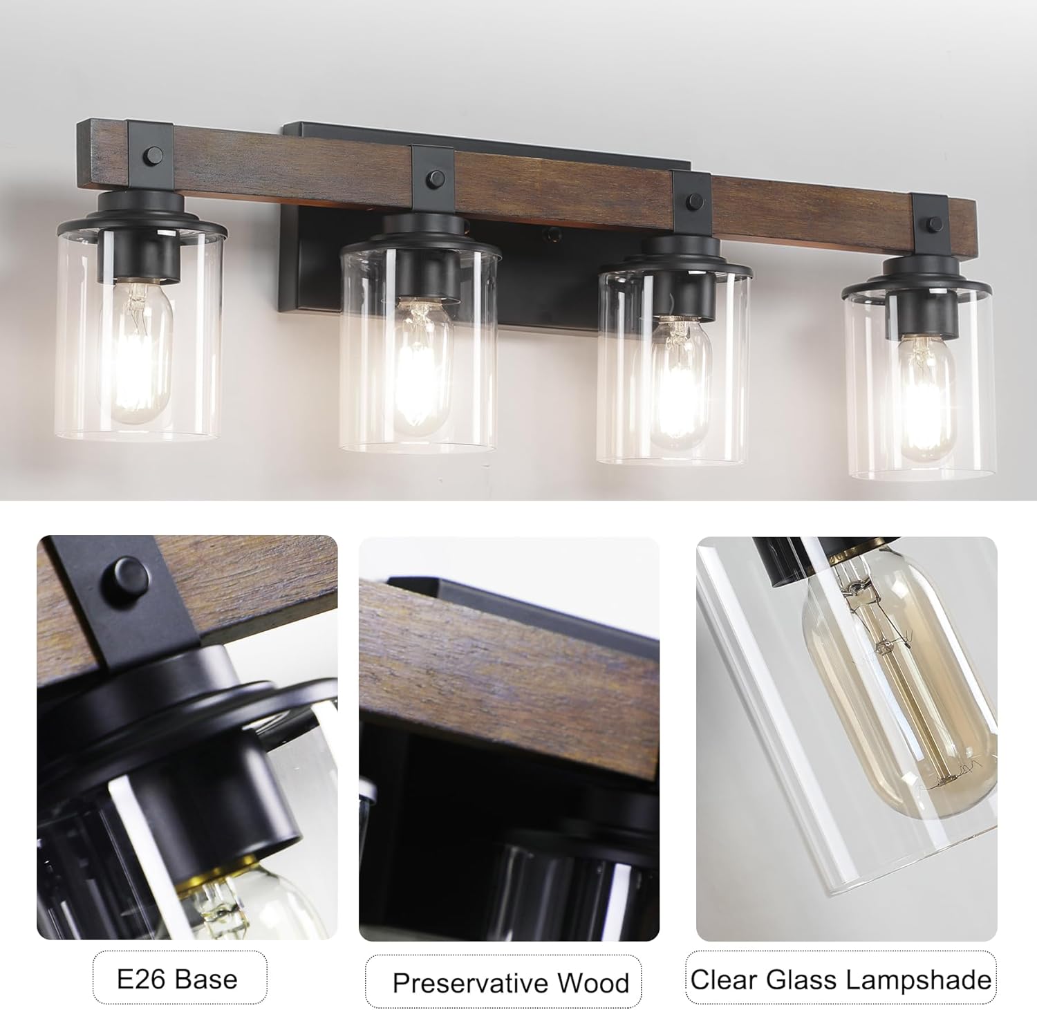 DIKAIDA DAKAIDA – Luces de tocador de baño de 4 luces, luces de tocador de madera para baño, con pantalla de vidrio transparente, apliques de metal