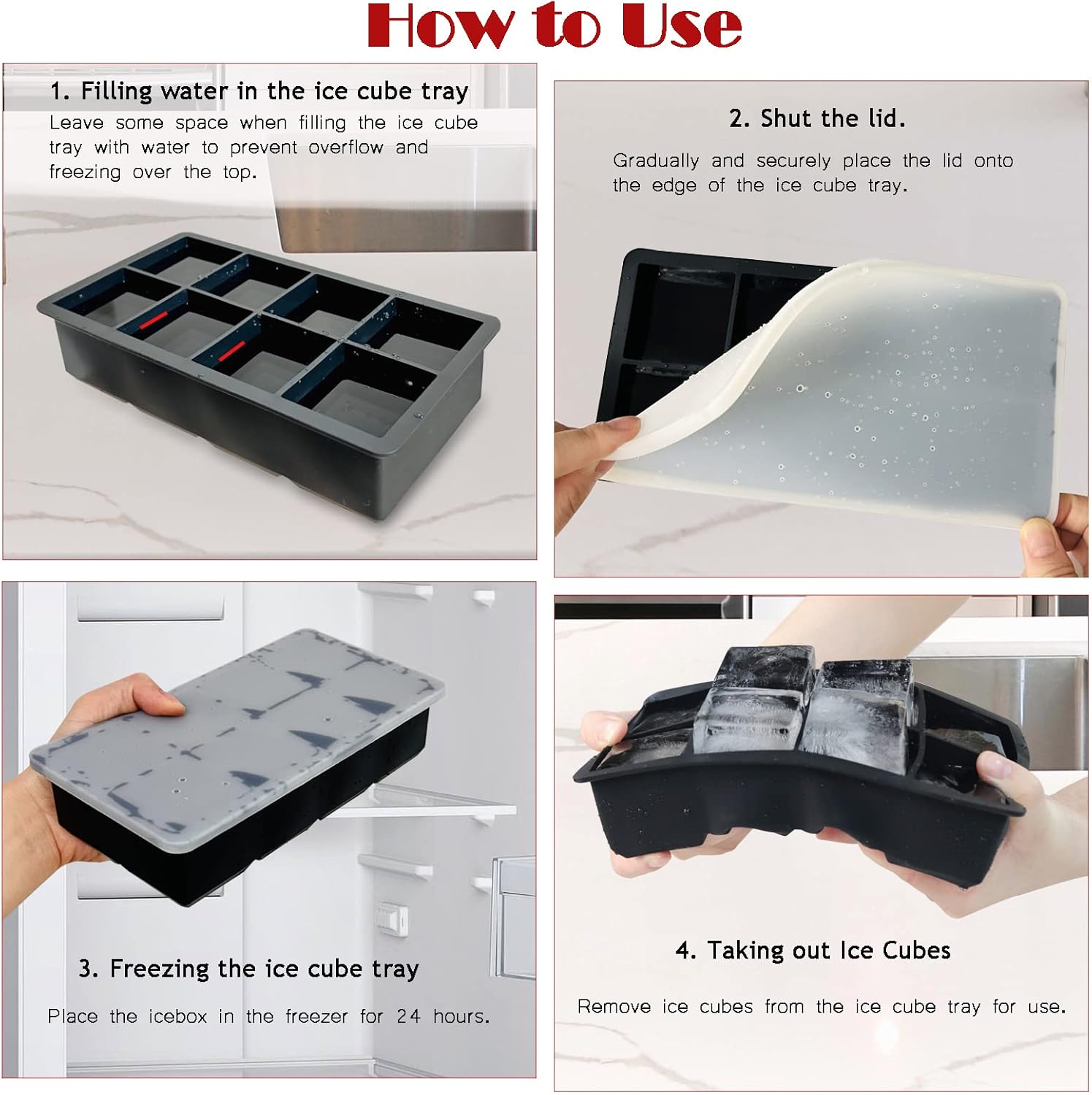 Bandeja grande para cubitos de hielo de alta calidad, moldes cuadrados grandes de silicona para cubitos de hielo de 2 pulgadas con tapas extraíbles,