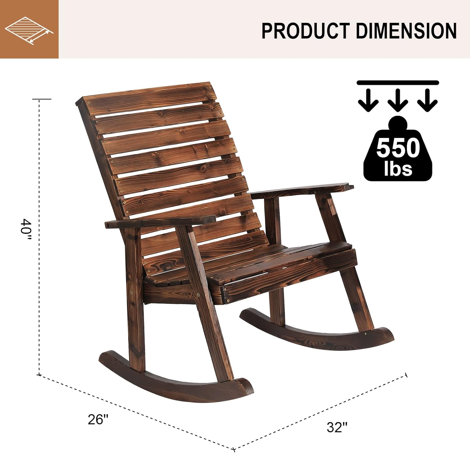 Mecedora de madera para exteriores, mecedora de porche de madera rústica con respaldo alto para interiores, patio trasero, patio, natural