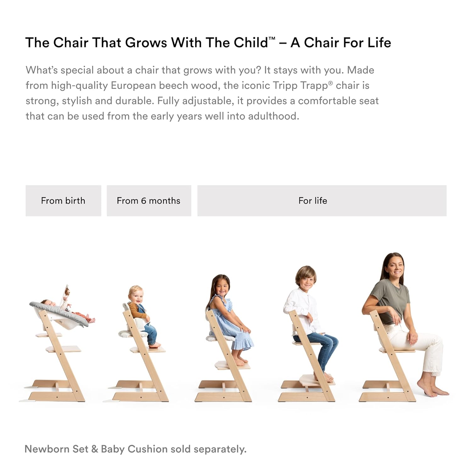 Tripp Trapp – Silla alta y cojín con bandeja Stokke – Natural con Mickey Celebration – Silla alta ajustable, convertible, todo en uno para bebés y