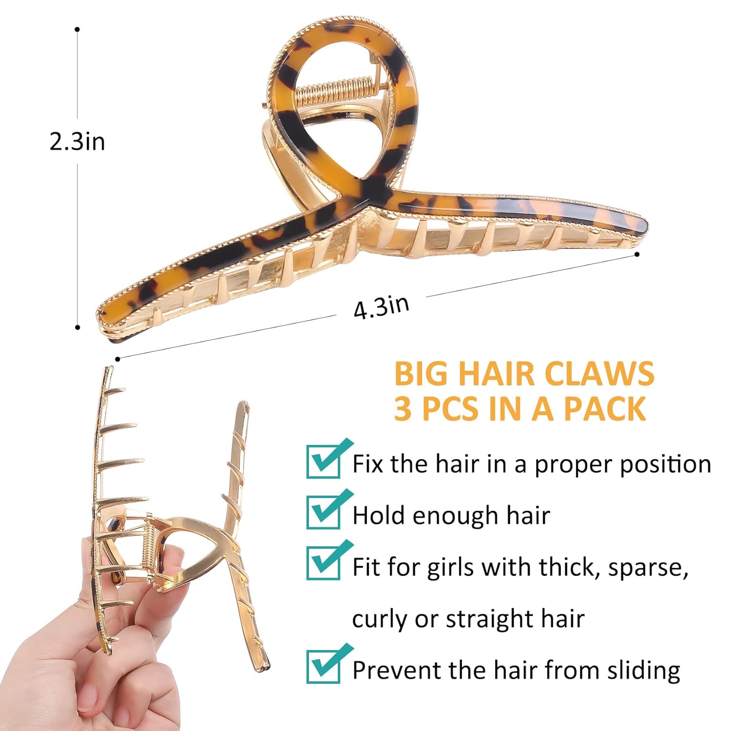 Mistofu Accesorios para el cabello, pinzas de metal grandes para mujer, cabello grueso, clip de garra antideslizante para cabello fino, 3 piezas.