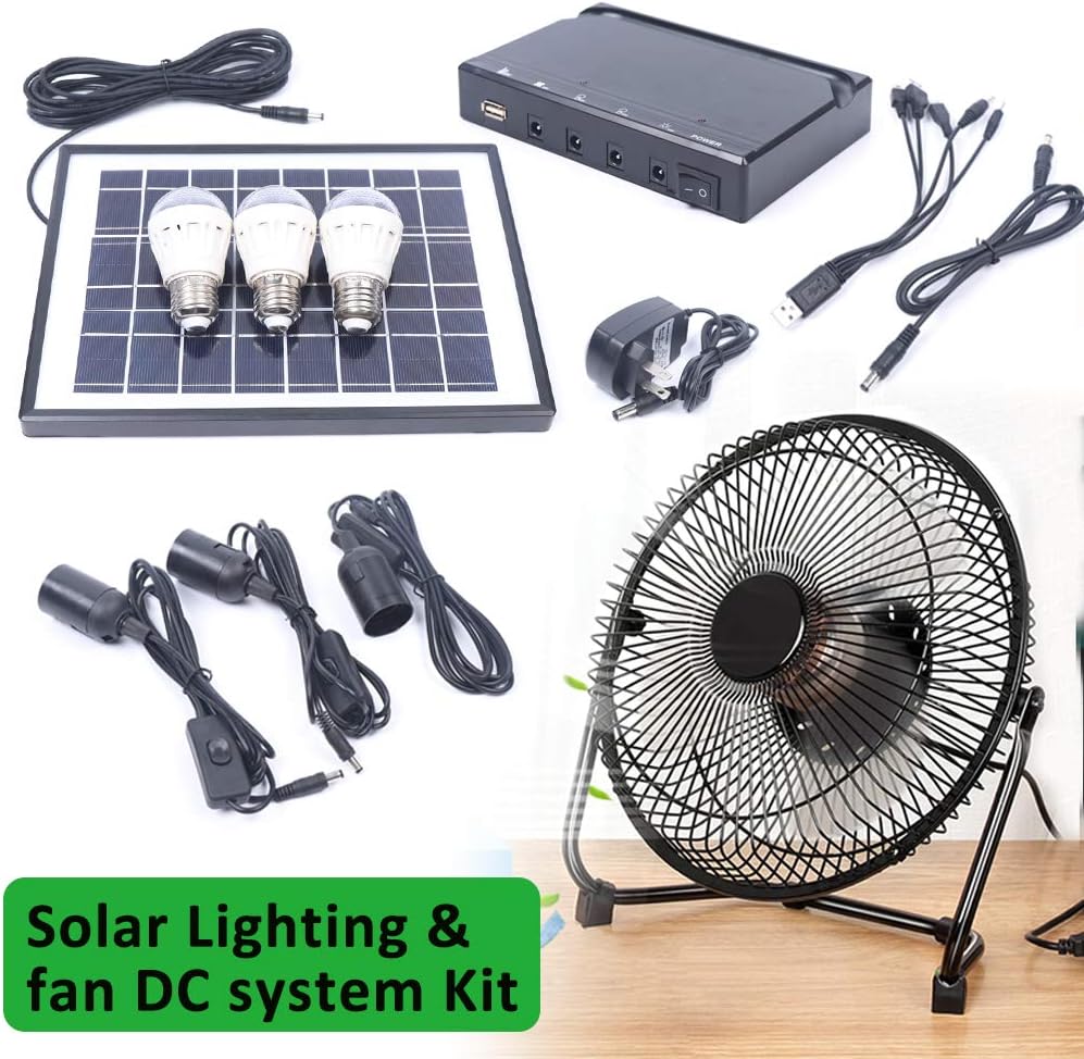 Ventilador de campamento de energía solar, iluminación de campamento, panel de energía solar, luz LED de carga USB + ventilador de sistema de CC