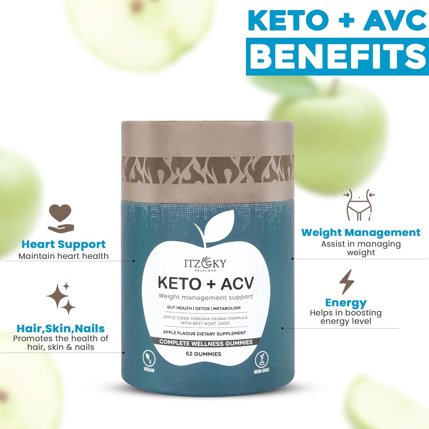 (Paquete -1, 62 gomitas) Keto ACV Gummies para pérdida de peso, gomitas Keto ACV gomitas Shark Fat Tank, digestión, desintoxicación y limpieza,