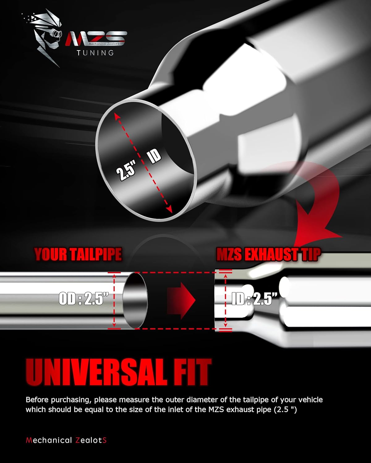 MZS Punta de escape, acero inoxidable 2.5 “Entrada 4″ Salida 17” Longitud Diesel Escape Tubo de escape universal Corte de ángulo inclinado