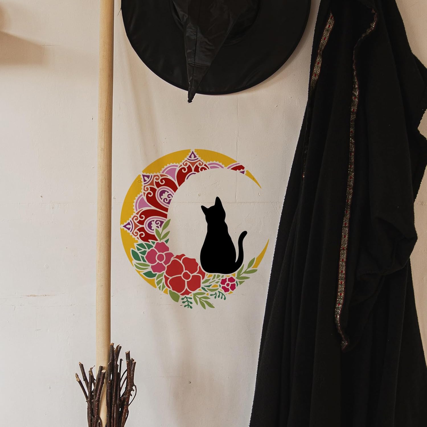 BEUNITONE Plantilla de pared de gato de luna, plantilla de mandala floral, gato negro, plantilla de azulejos de animales, plantillas de dibujo de
