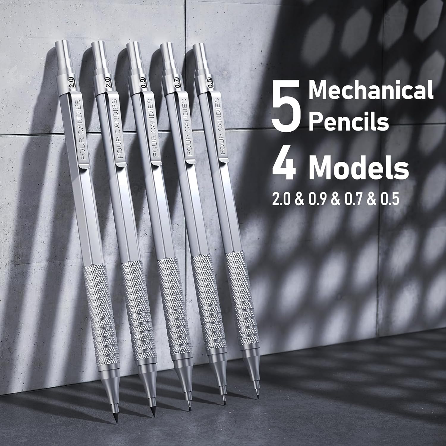 Four Candies Metal Mechanical Pencil Set, 3PCS Art Drafting Pencils 0.5, 0.7, 0.9MM & 2PCS 2MM Mechanical Drawing Pencils with 420PCS Leads (4B 2B