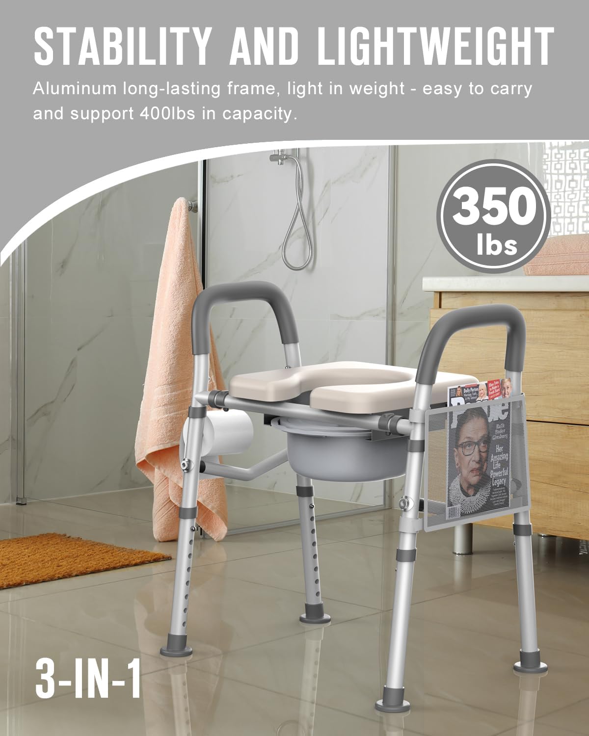 Cómoda de cabecera para personas mayores con diseño ajustable (resistente 400 libras), asiento de inodoro elevado para discapacitados con asas