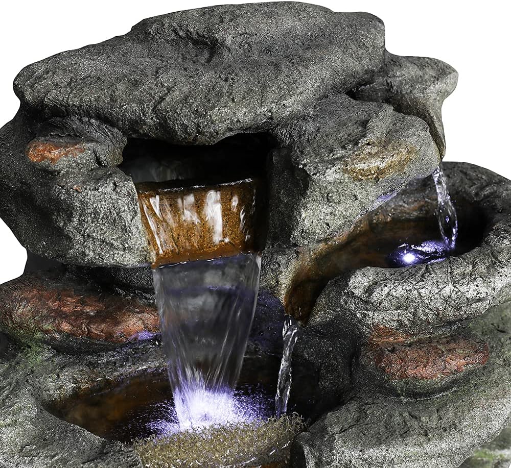 Naturefalls Fuente de agua de roca de 32.6 pulgadas con luces LED, fuente de agua de poliresina de 6 niveles para exteriores, características de