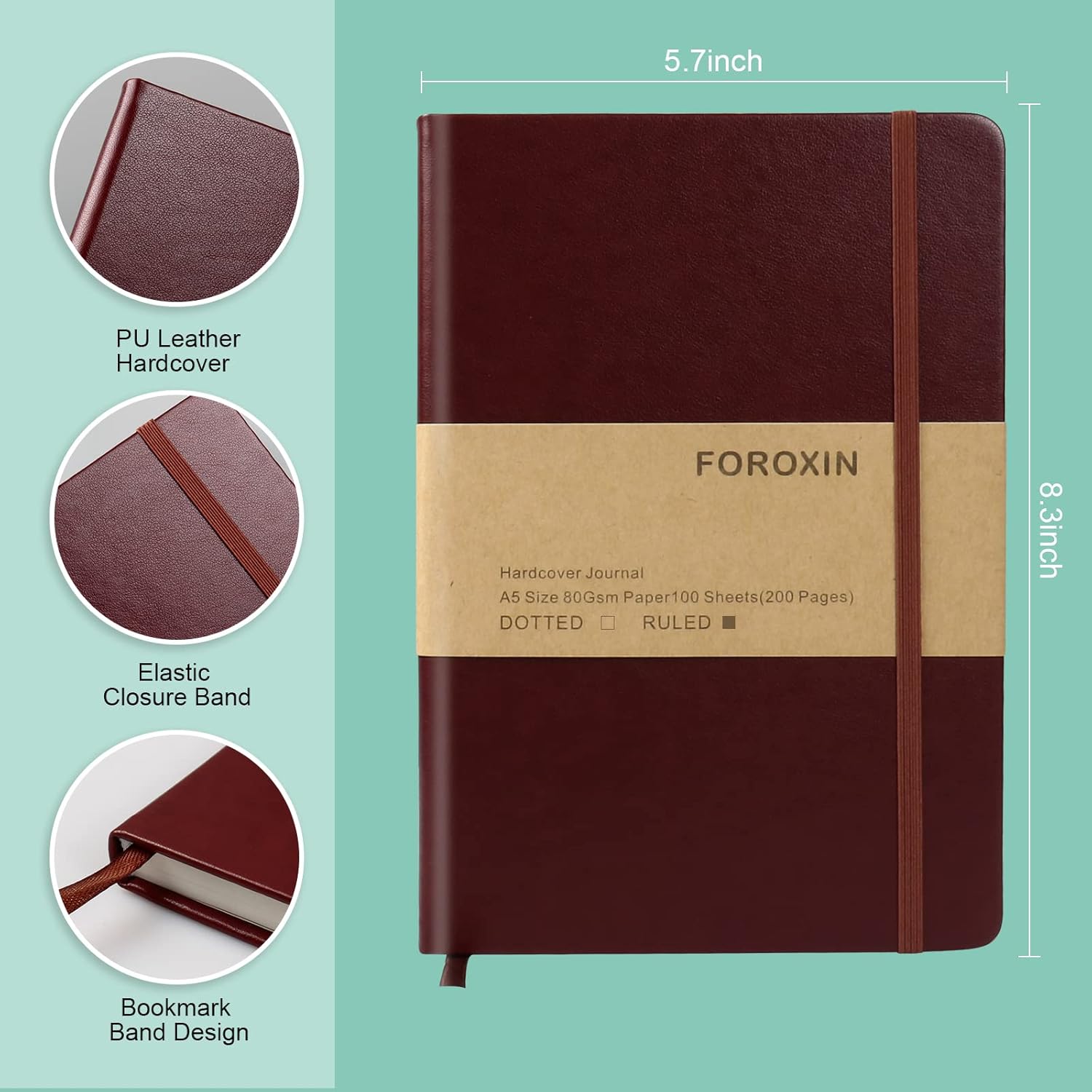 Cuaderno de diario (A5, color marrón), 192 páginas, tamaño mediano de 5.7 x 8.3 pulgadas, papel grueso de 2.82 ozm, tapa dura