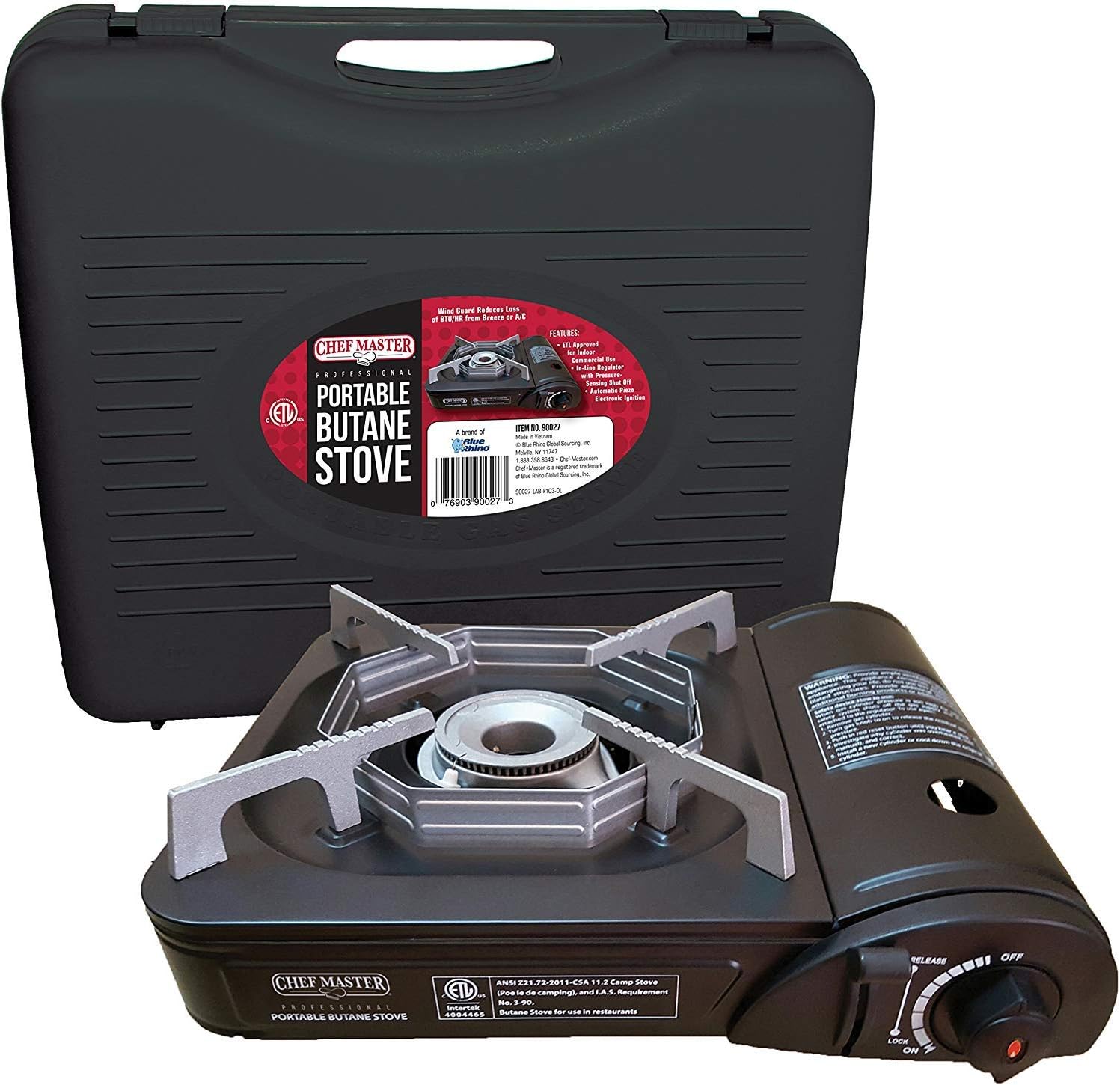 Chef Master 90027 Estufa de butano portátil con 4 latas de combustible de butano  Estufa de gas portátil con funda de transporte resistente  No