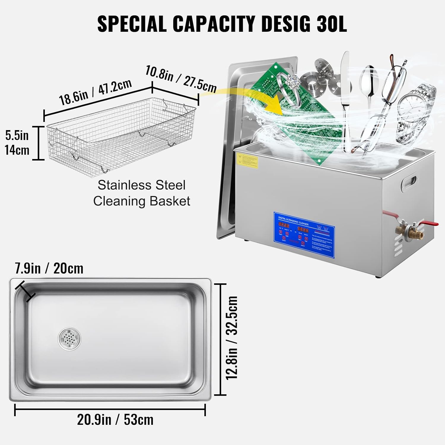 VEVOR Limpiador ultrasónico industrial 30L con temporizador digital y calentador 40kHz limpiador ultrasónico grande profesional total 1200 W para