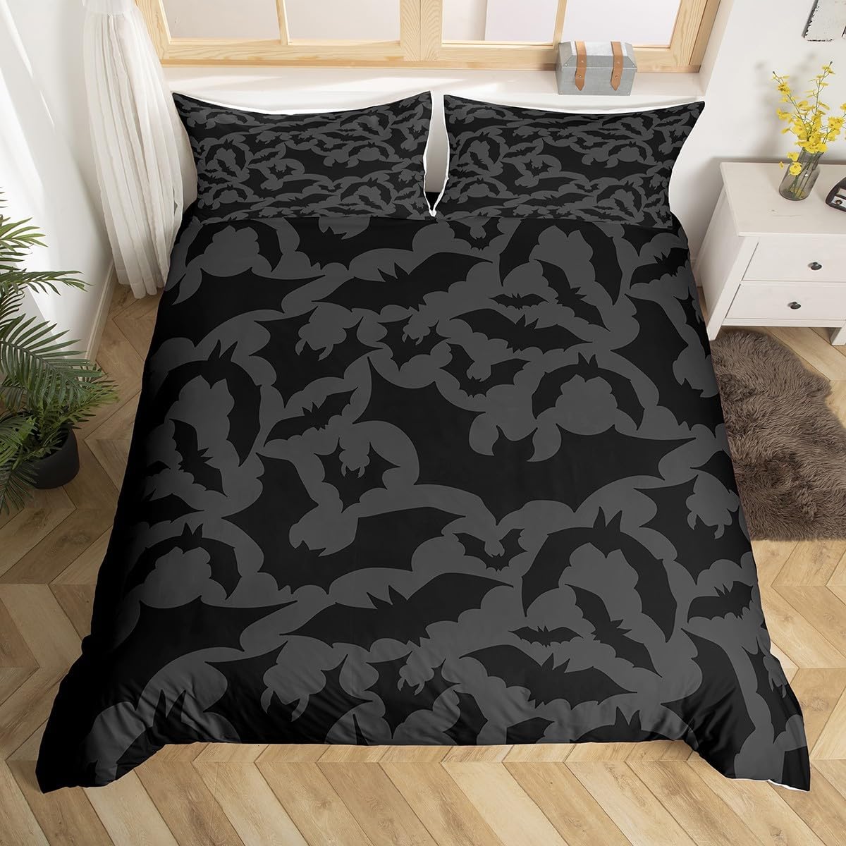 Castle Fairy Juego de ropa de cama con temática de Halloween, tamaño Queen, juego de funda de edredón con estampado de animales de murciélagos