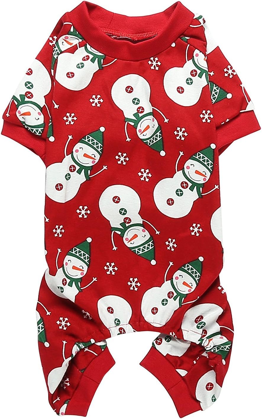 bonita pijama para perros, para mascotas pequeñas, diseño de muñeco y copos de nieve, color rojo, 95% algodón, 5% licra