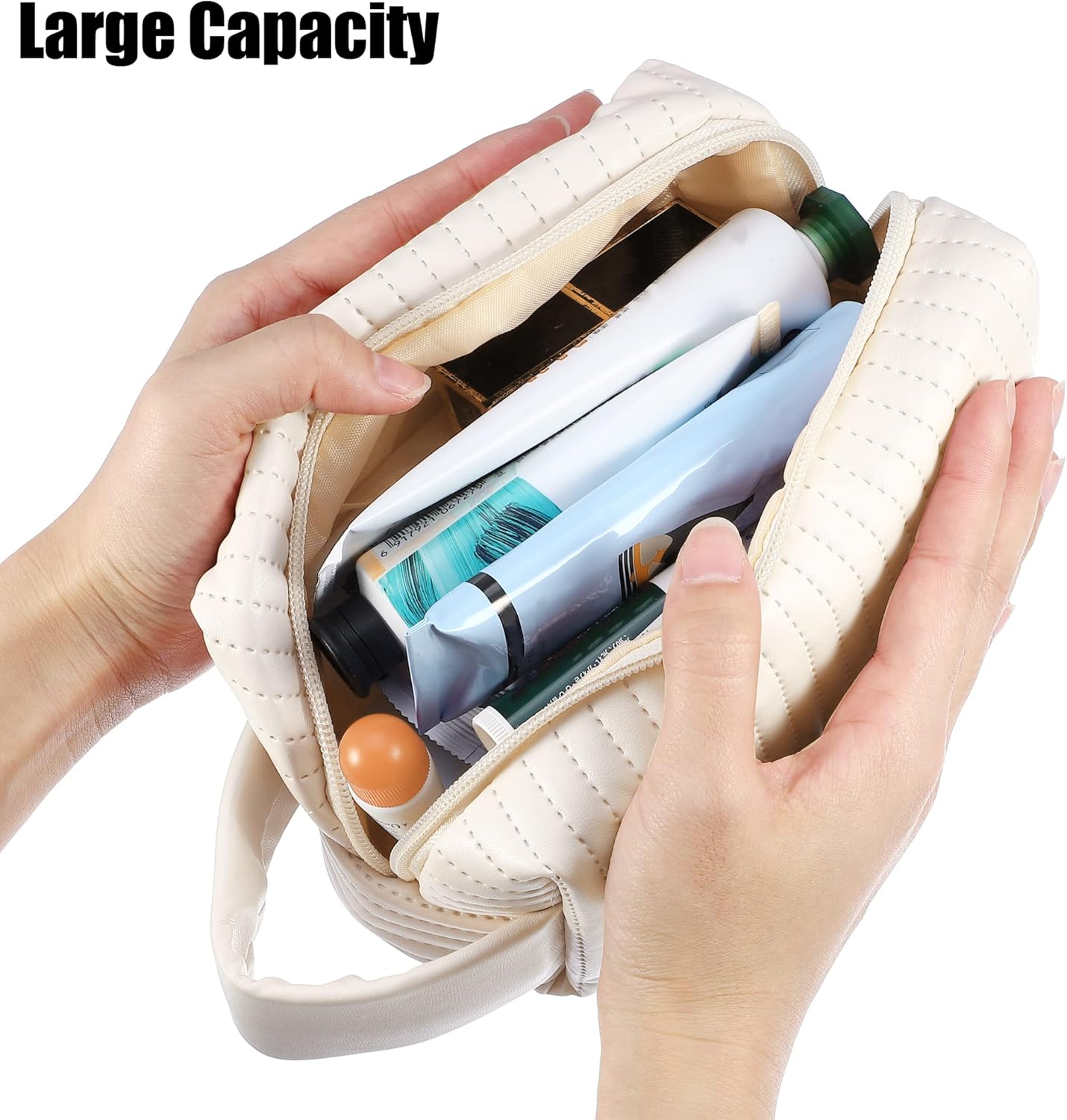 VOCOSTE Bolsa de maquillaje de piel sintética, bolsa de viaje para cosméticos, bolsa de maquillaje grande, bolsa organizadora de brochas de