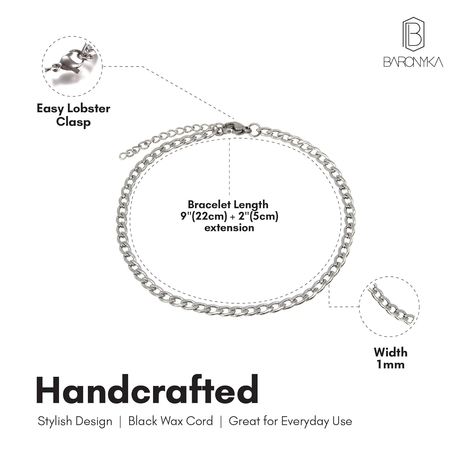 Baronyka Men’s Handcrafted Anklet, Wax Cord, Stainless Steel, Adjustable Length, Durable for Everyday Wear and Modern Look (Silver Chain)