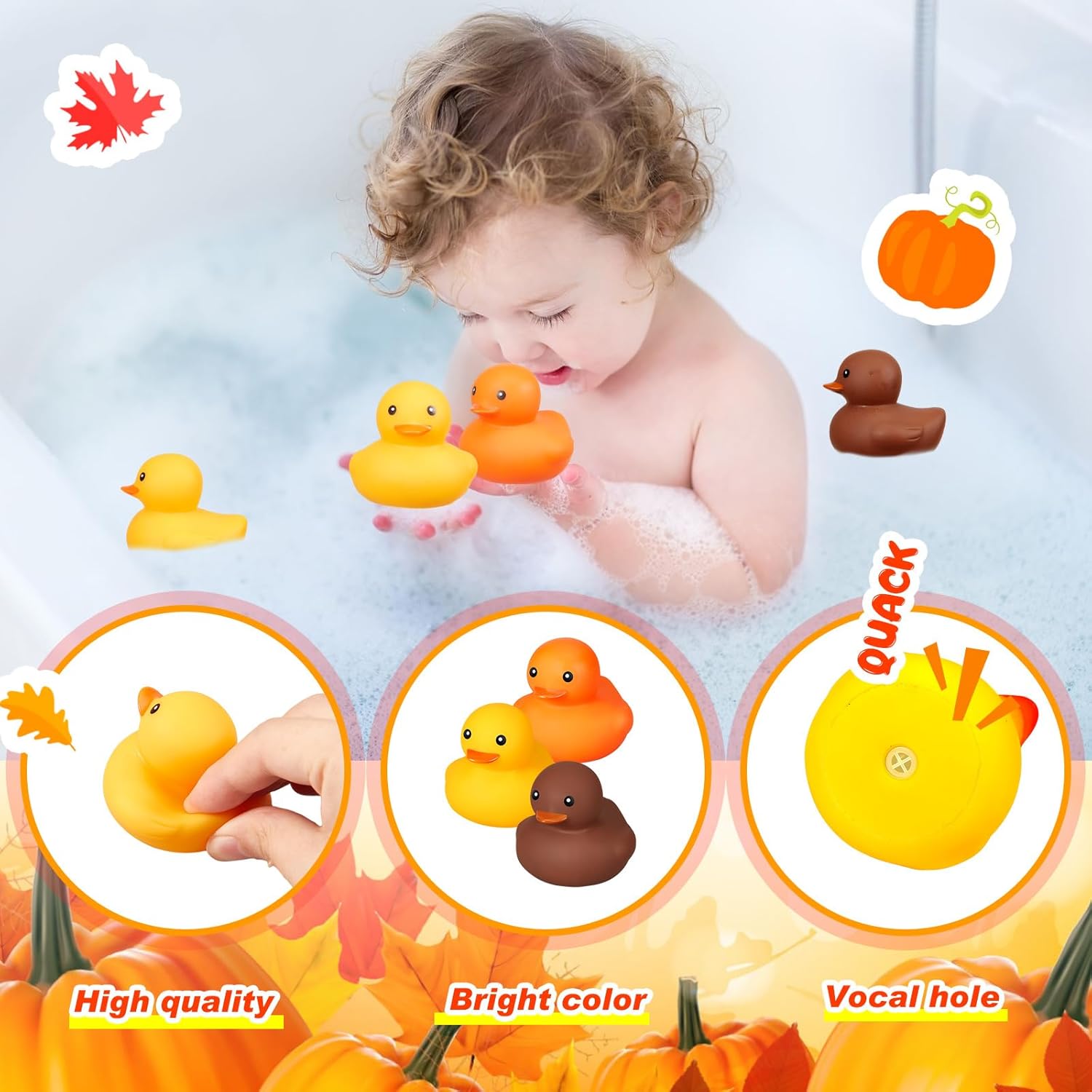 Patos de goma marrones y amarillos para otoño, otoño, Acción de Gracias, patos chirriantes para fiesta temática de otoño, decoración de piscina,