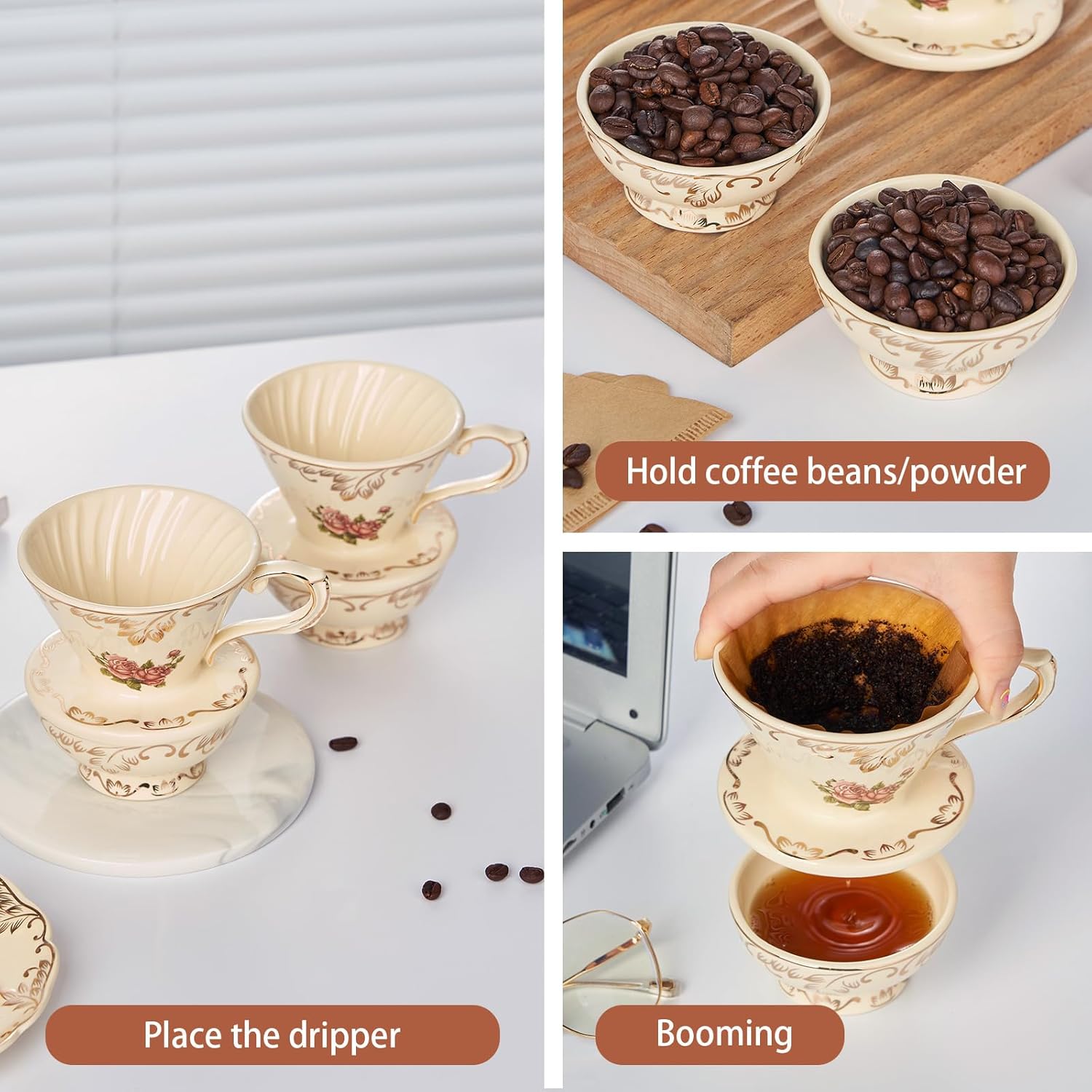 YOLIFE Floarl – Juego de gotero de café, cafetera de cerámica con diseño de cono, 1 taza, regalo para mujeres (rosa)