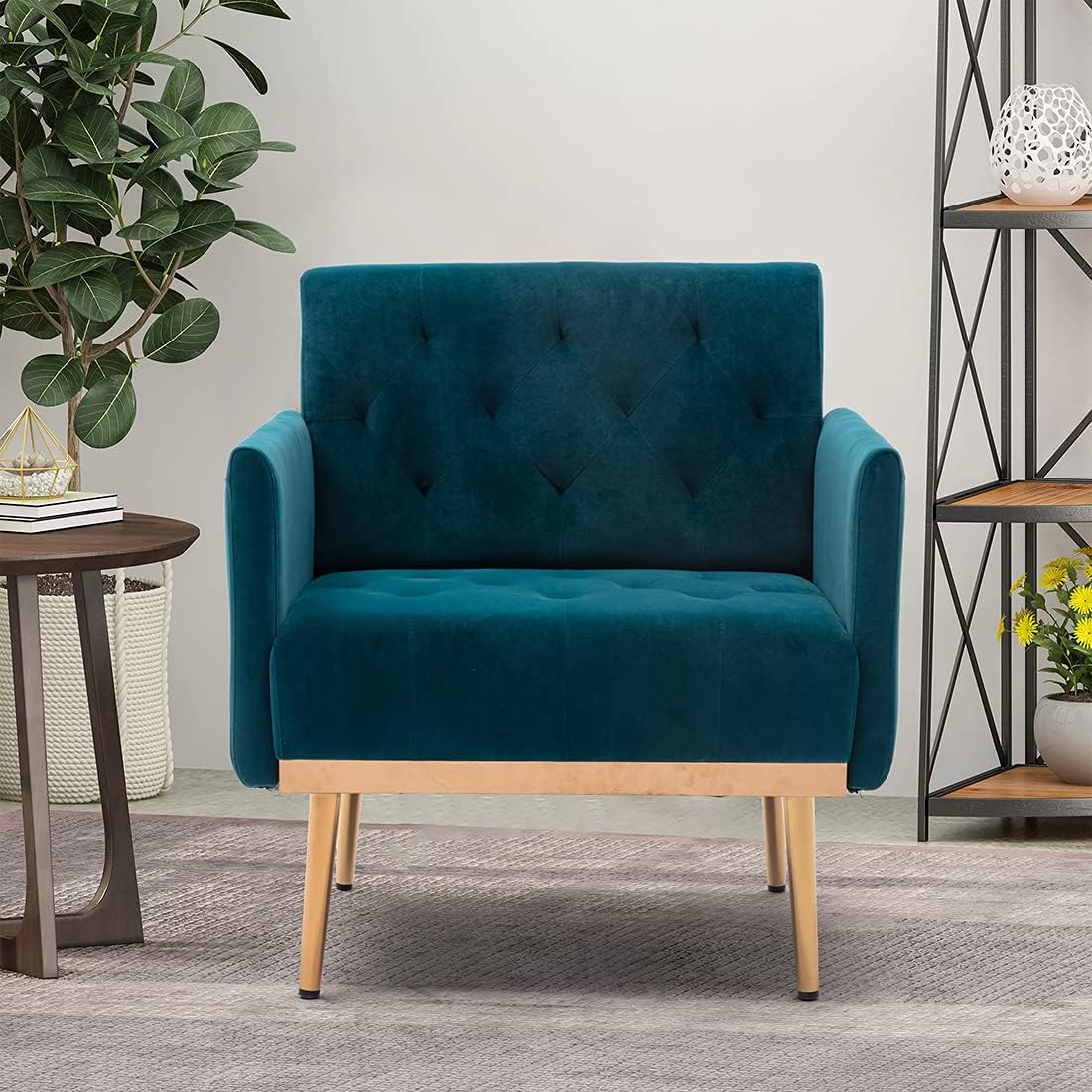 Silla sofá individual moderna de terciopelo, silla de decoración tapizada para la sala de estar, sillón cómodo con patas de metal dorado y rosa,