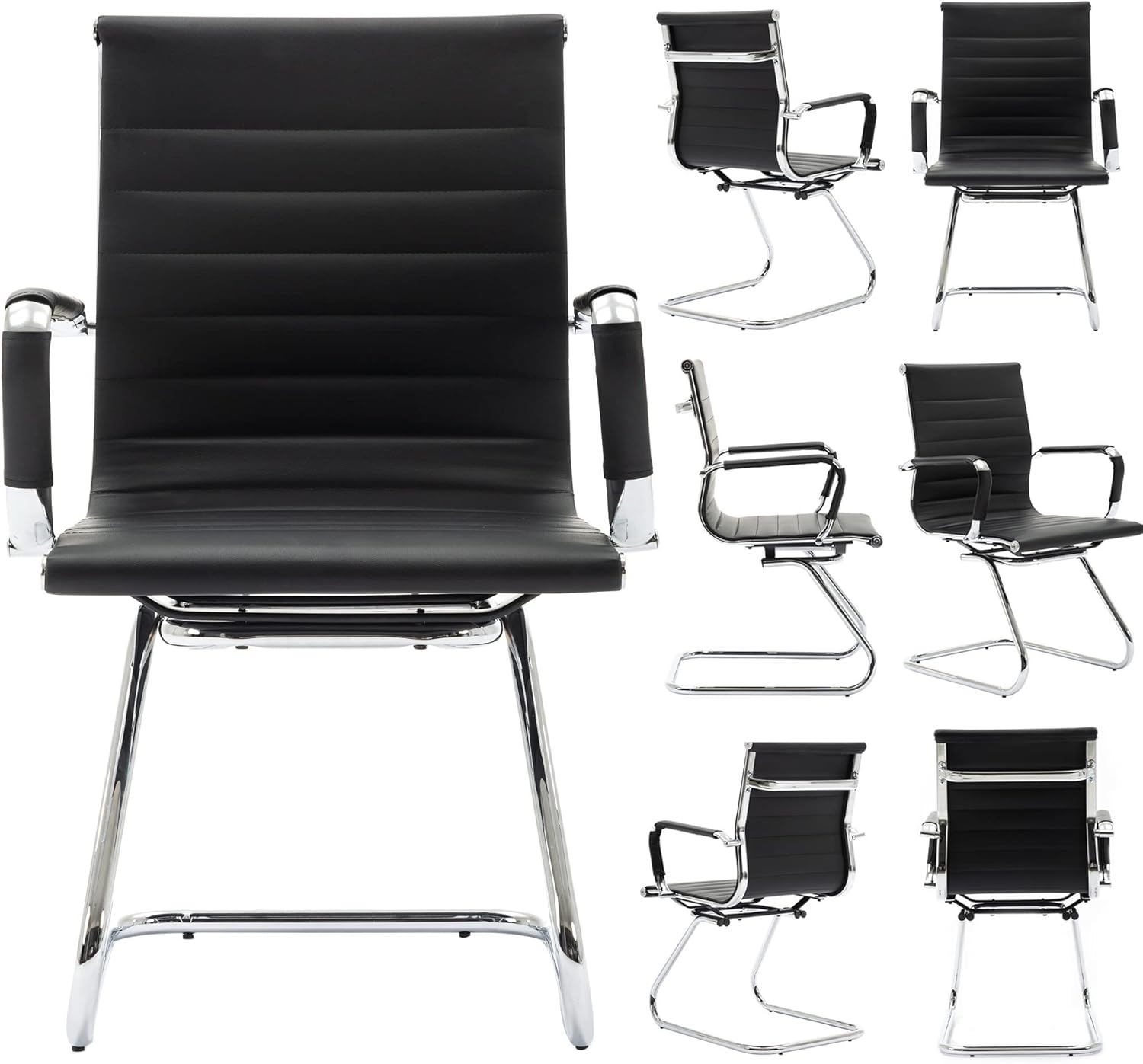 Wahson Silla de oficina de piel resistente para invitados respaldo medio, sillas de cuarto de conferencia, recepcion, set de 2 , Cuero, Negro