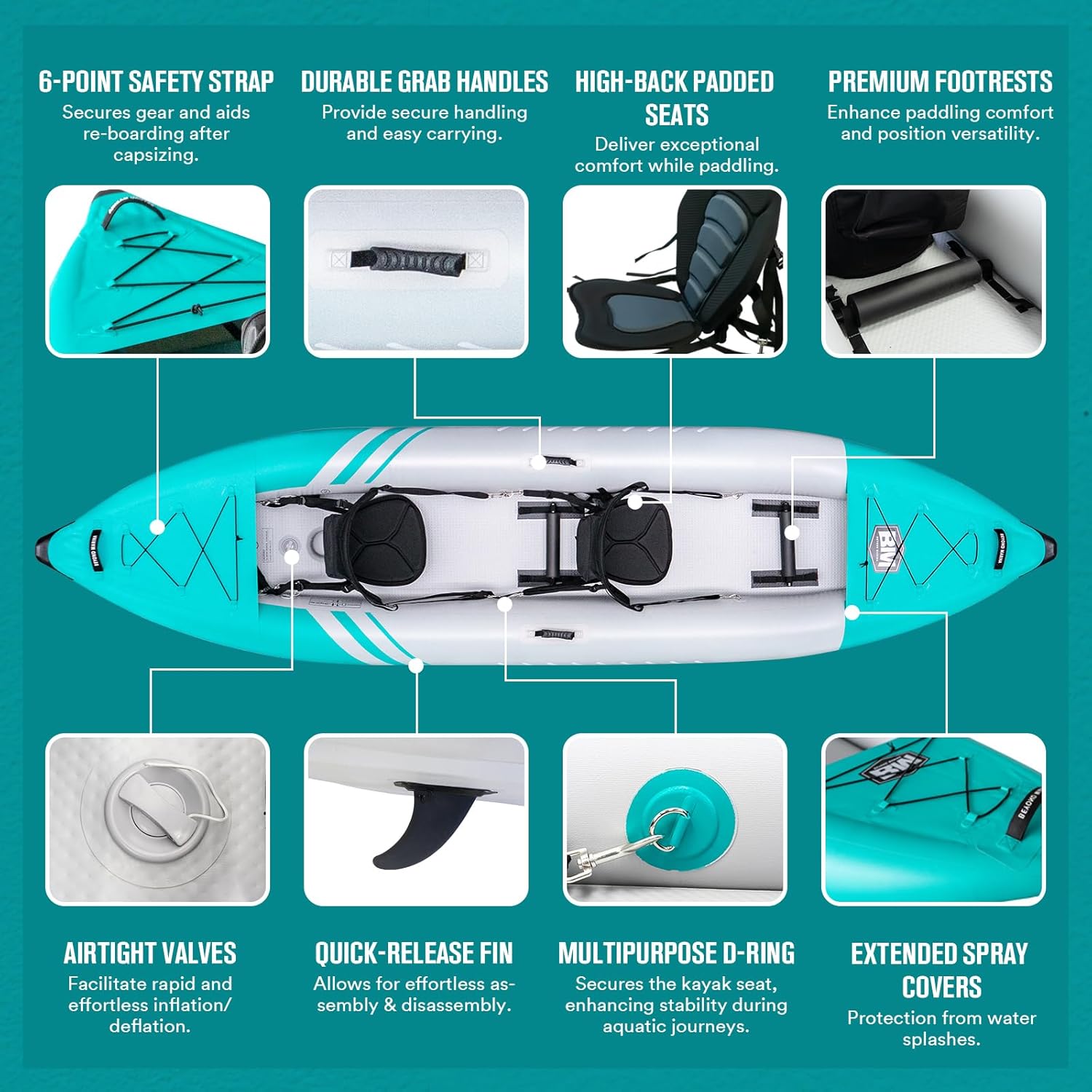Kayak inflable para 2 personas para adultos  Kayak en tándem BEYOND MARINA con piso de puntada caída, kayak de turismo con paletas de aluminio,