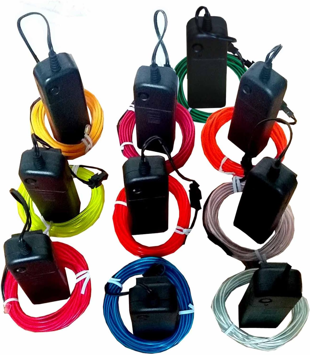 JYtrend Paquete de 12 cables electroluminiscentes de luz de neón de 9 pies con batería (azul, verde, rojo, blanco, morado, rosa)