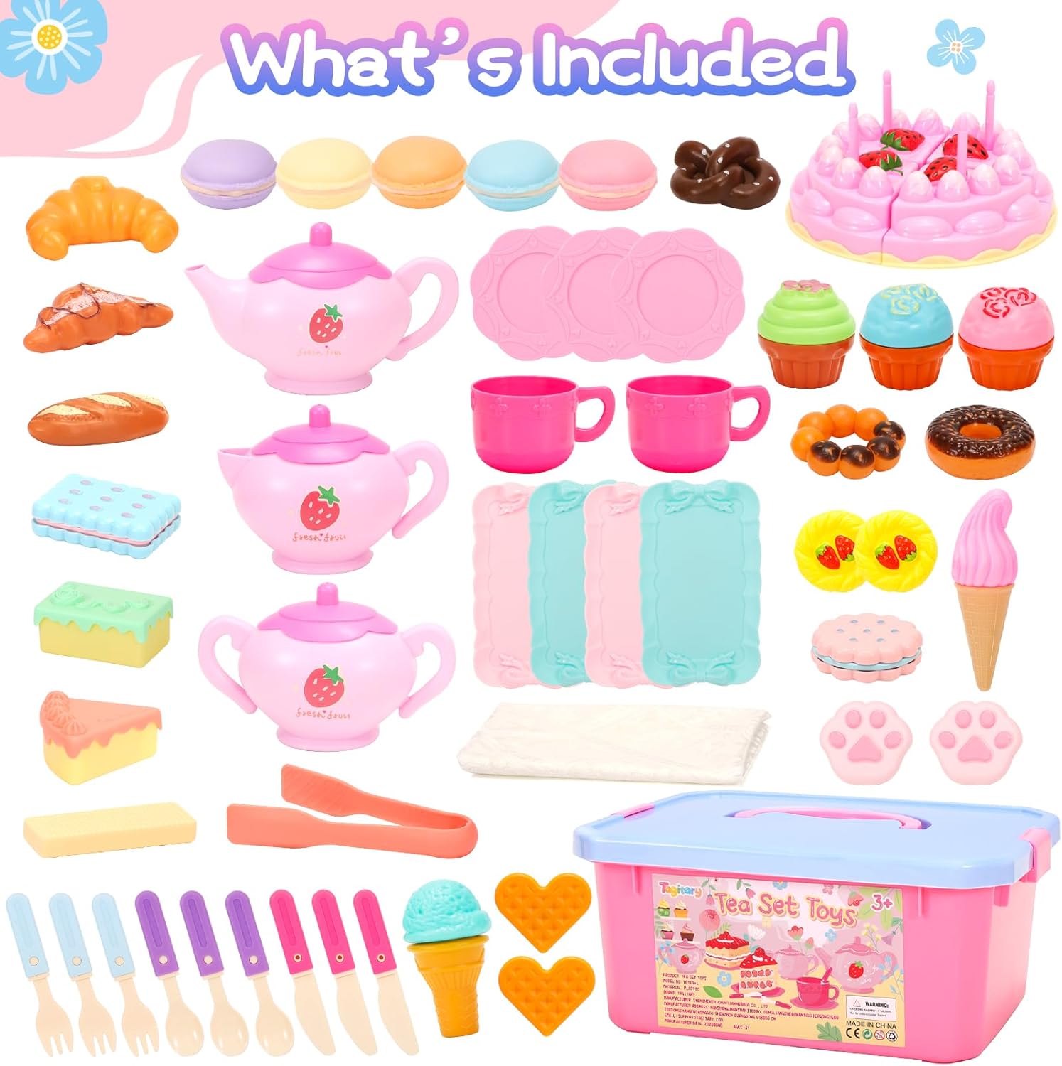 Tagitary Juego de fiesta de té para niñas pequeñas, juego de té de princesa, incluye galletas de postre, tetera, mantel y funda de transporte,