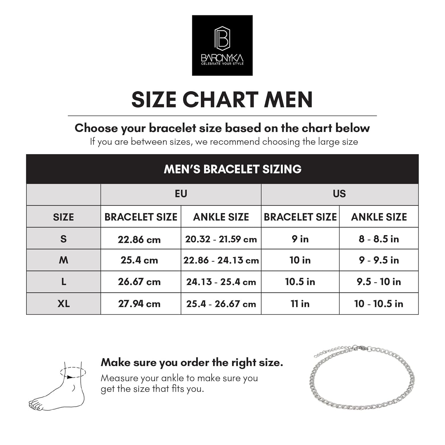 Baronyka Men’s Handcrafted Anklet, Wax Cord, Stainless Steel, Adjustable Length, Durable for Everyday Wear and Modern Look (Silver Chain)