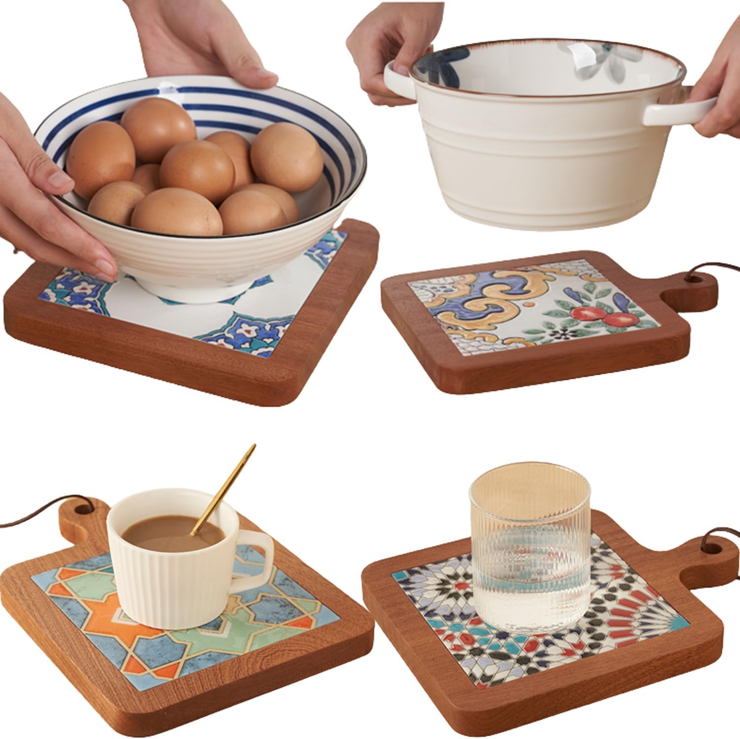Tapete para ollas de madera natural, antiquemaduras, posavasos para ollas de té caliente y sartenes, accesorios de encimera de cocina (J)