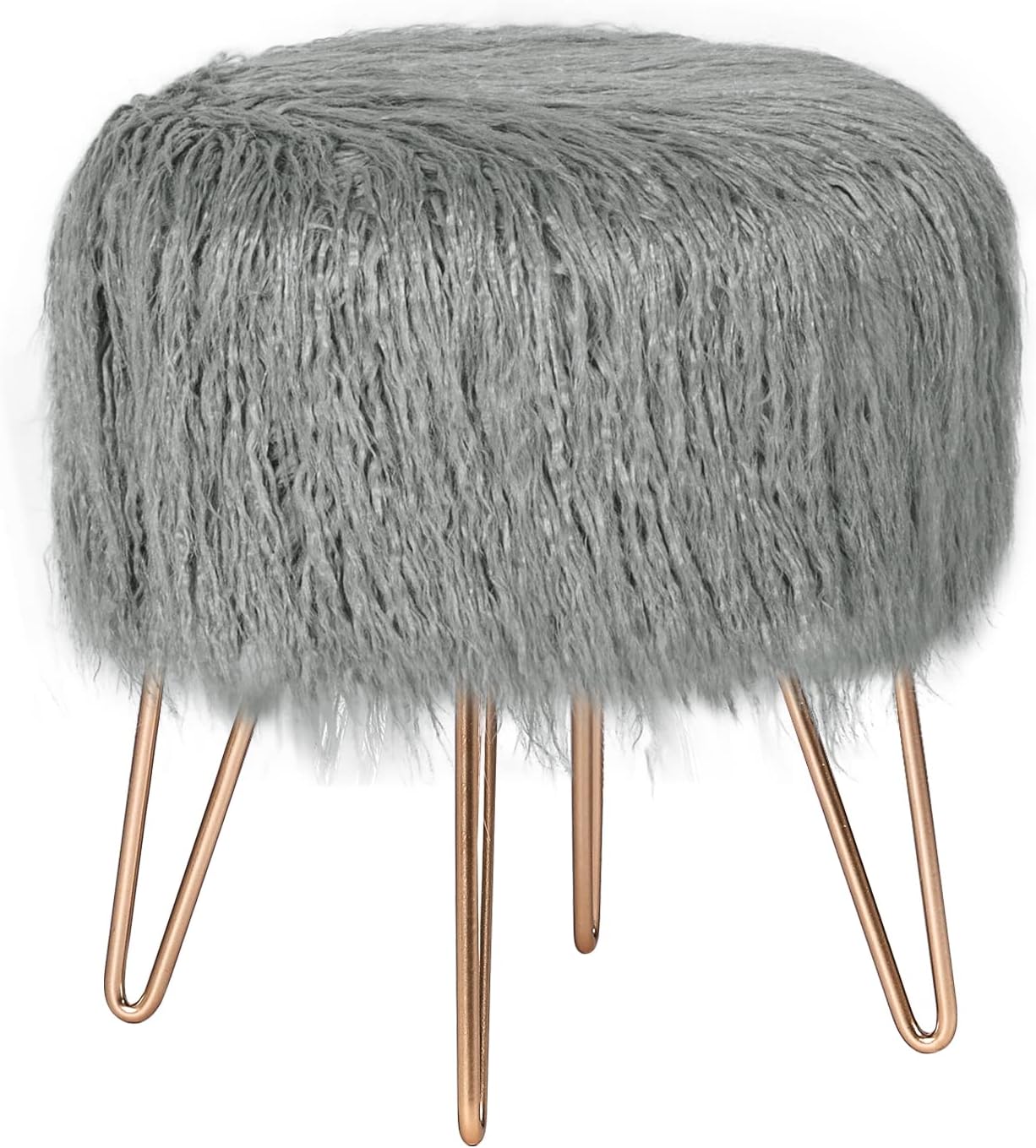Asense Reposapiés de piel sintética, reposapiés tapizados suaves y peludos, otomana con patas de metal dorado, muebles decorativos, gris
