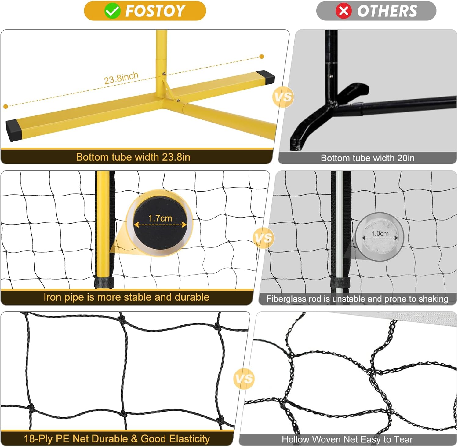 Fostoy Pickleball Net, 22FT Regulation Size Portable Pickleball Net,18-Ply PE Nets Weather Resistant Steady Metal Frame Pickle Ball Net System with