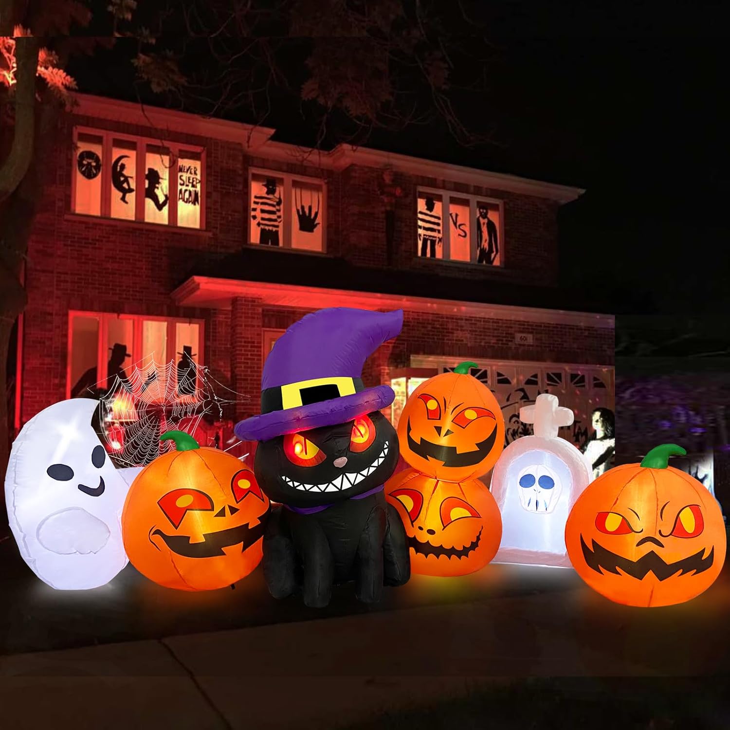 MICOCAH Inflables de Halloween de 8 pies de largo para decoración al aire libre, faroles inflables de gato y calabaza con lápida, fantasma,
