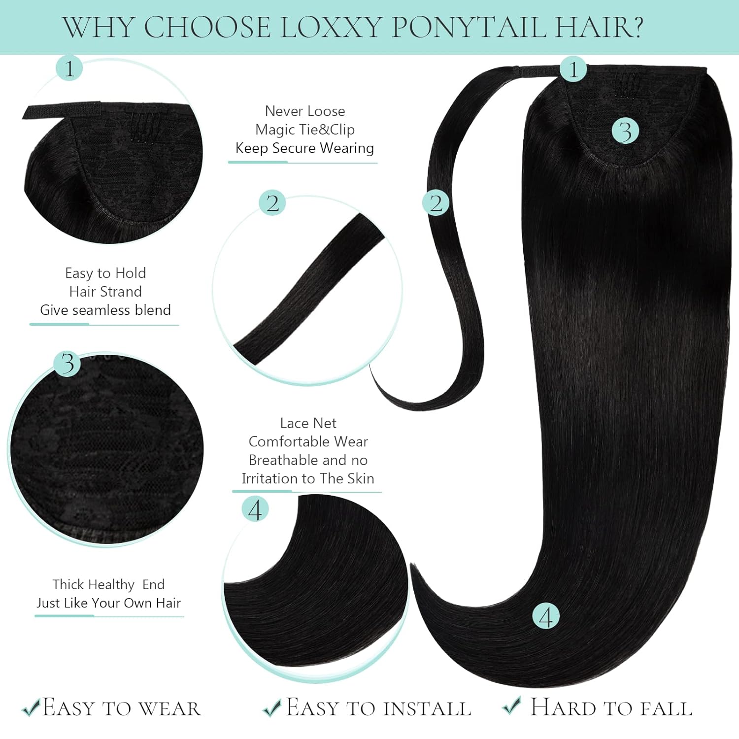Extensión de cola de caballo para mujeres negras, cabello lacio, sedoso #1 negro roto, 22 pulgadas, 3.17 oz, extensiones de cabello con clip y pasta