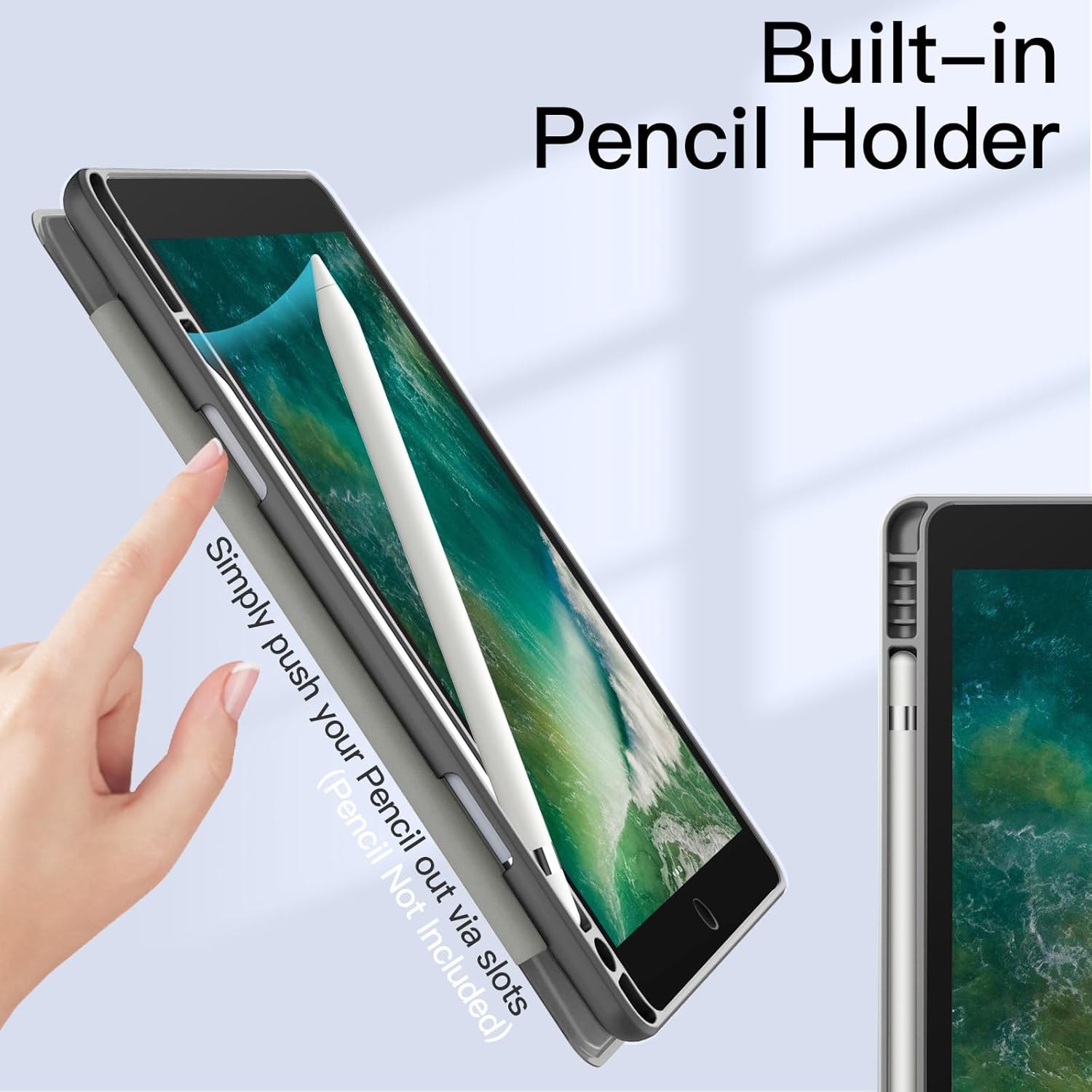JETech Funda para iPad de 9.7 pulgadas (65 generación, 20182017) con soporte para lápices, carcasa trasera transparente transparente, soporte