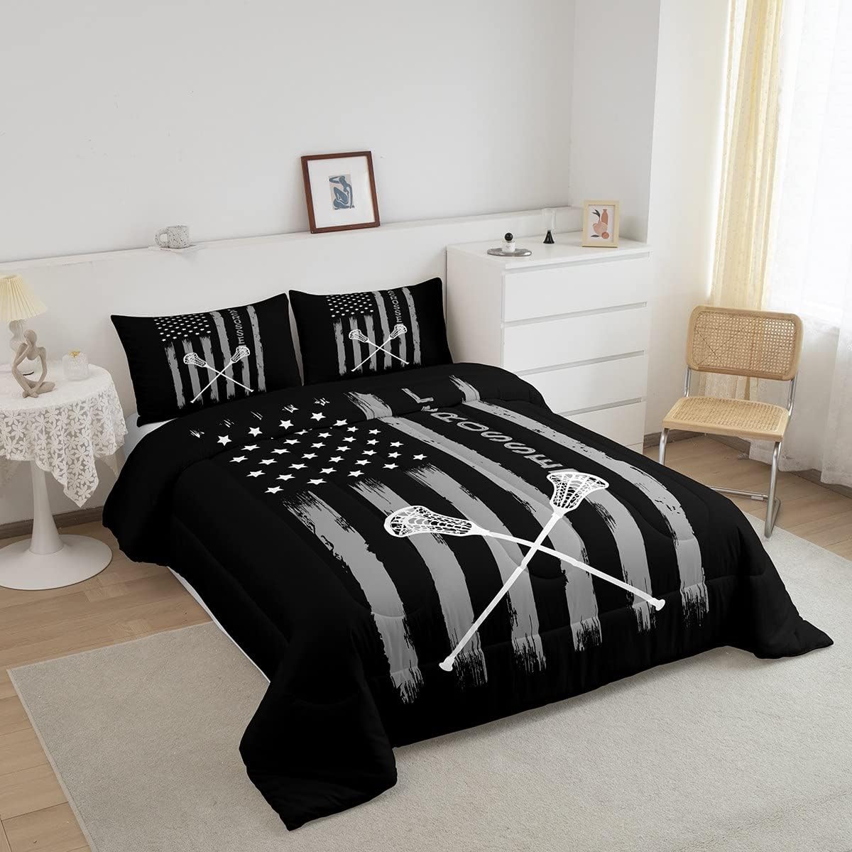 Lacrosse – Juego de edredón para niños y niñas, juego de ropa de cama de palo de lacrosse gris y blanco, relleno de edredón de rayas americanas,