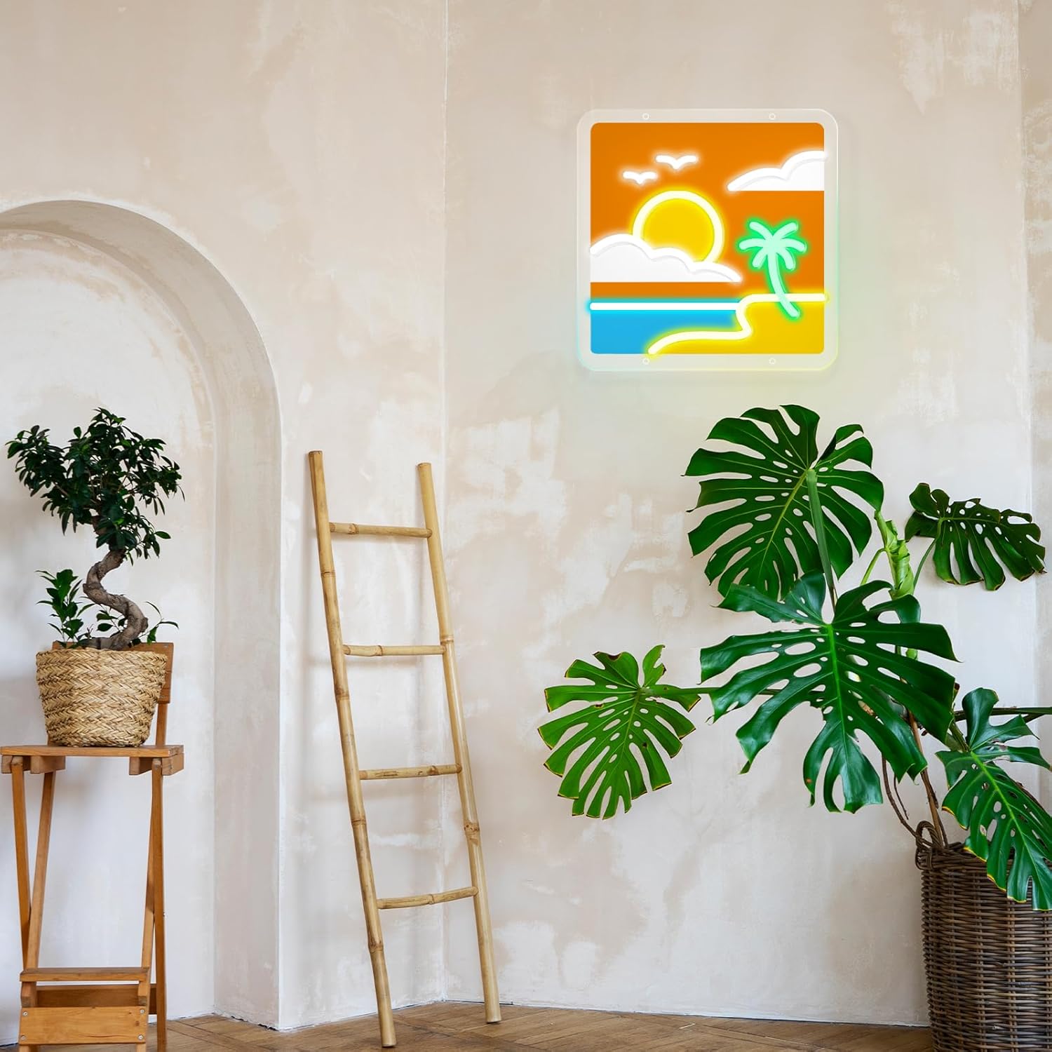 Letrero de neón LED, con impresión UV, puesta de sol y playa, luz de neón acrílica de 15.8 pulgadas para decoración de pared, brillo ajustable,