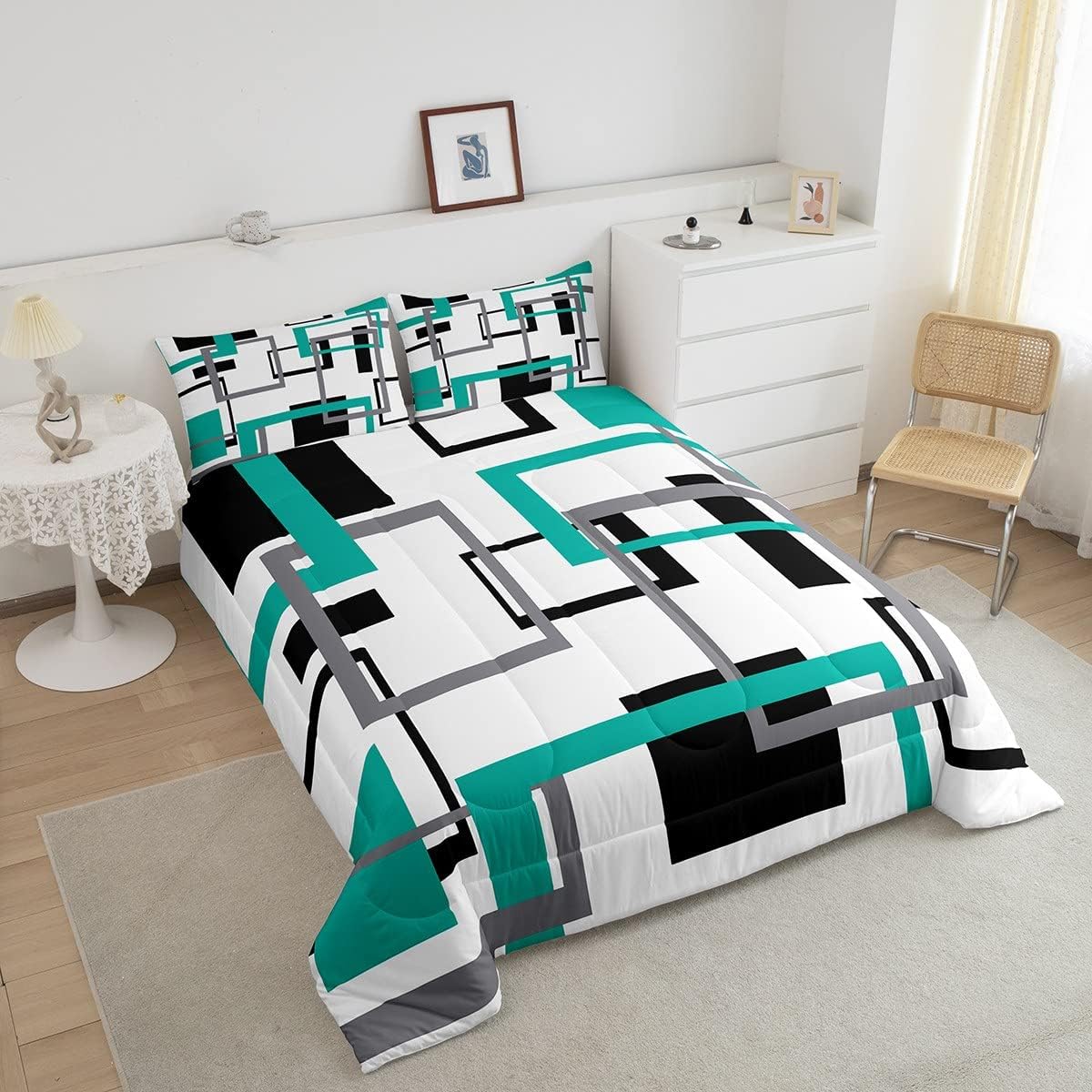 Erosebridal Juego de edredón cuadrado para adolescentes y jóvenes, juego de ropa de cama negro, blanco y azul, juego de edredón geométrico moderno