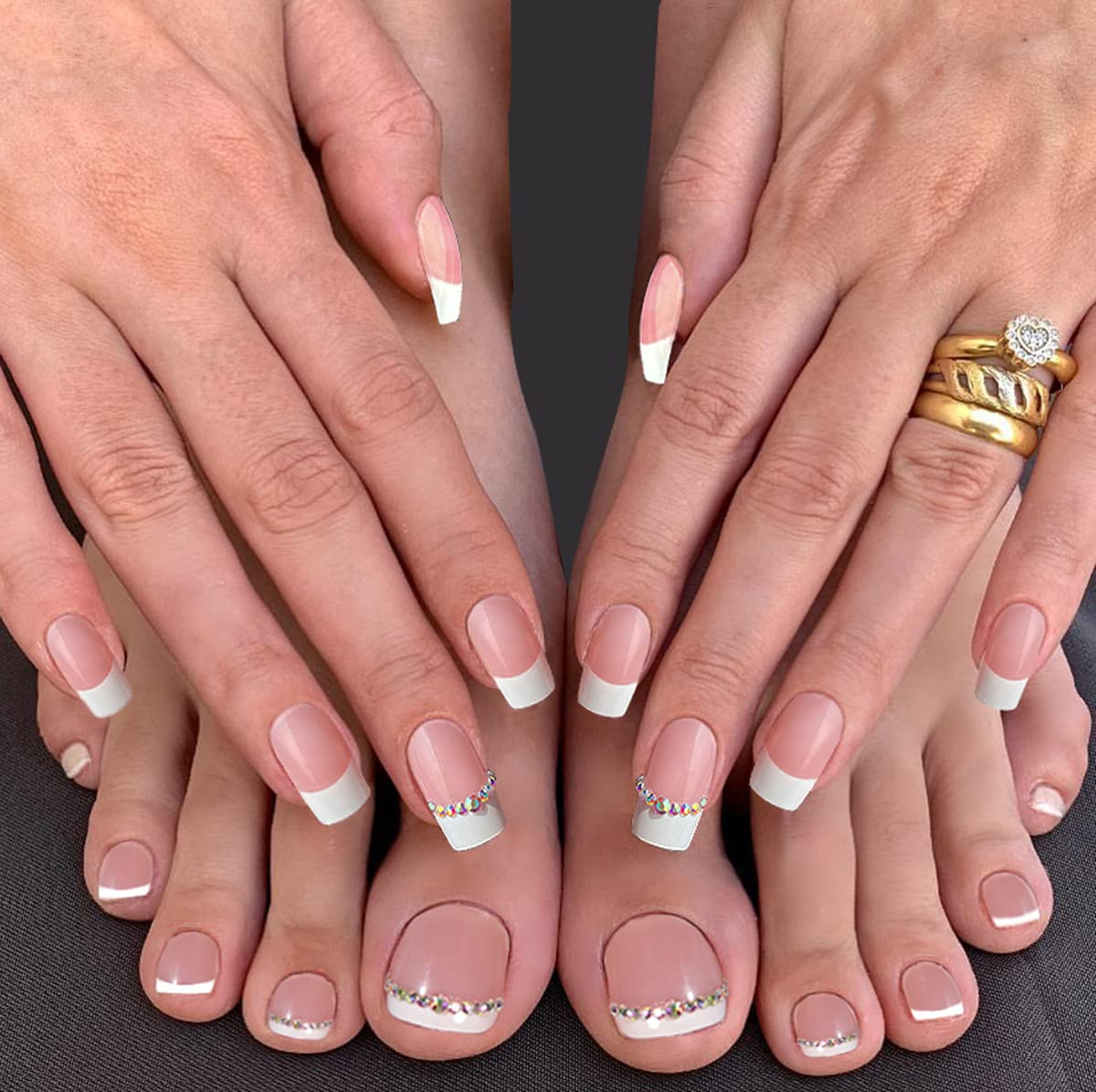 Xcrear – Juego de uñas postizas a presión francesas blancas con purpurina, uñas medianas y con pegamento, uñas postizas medianas y falsas, uñas