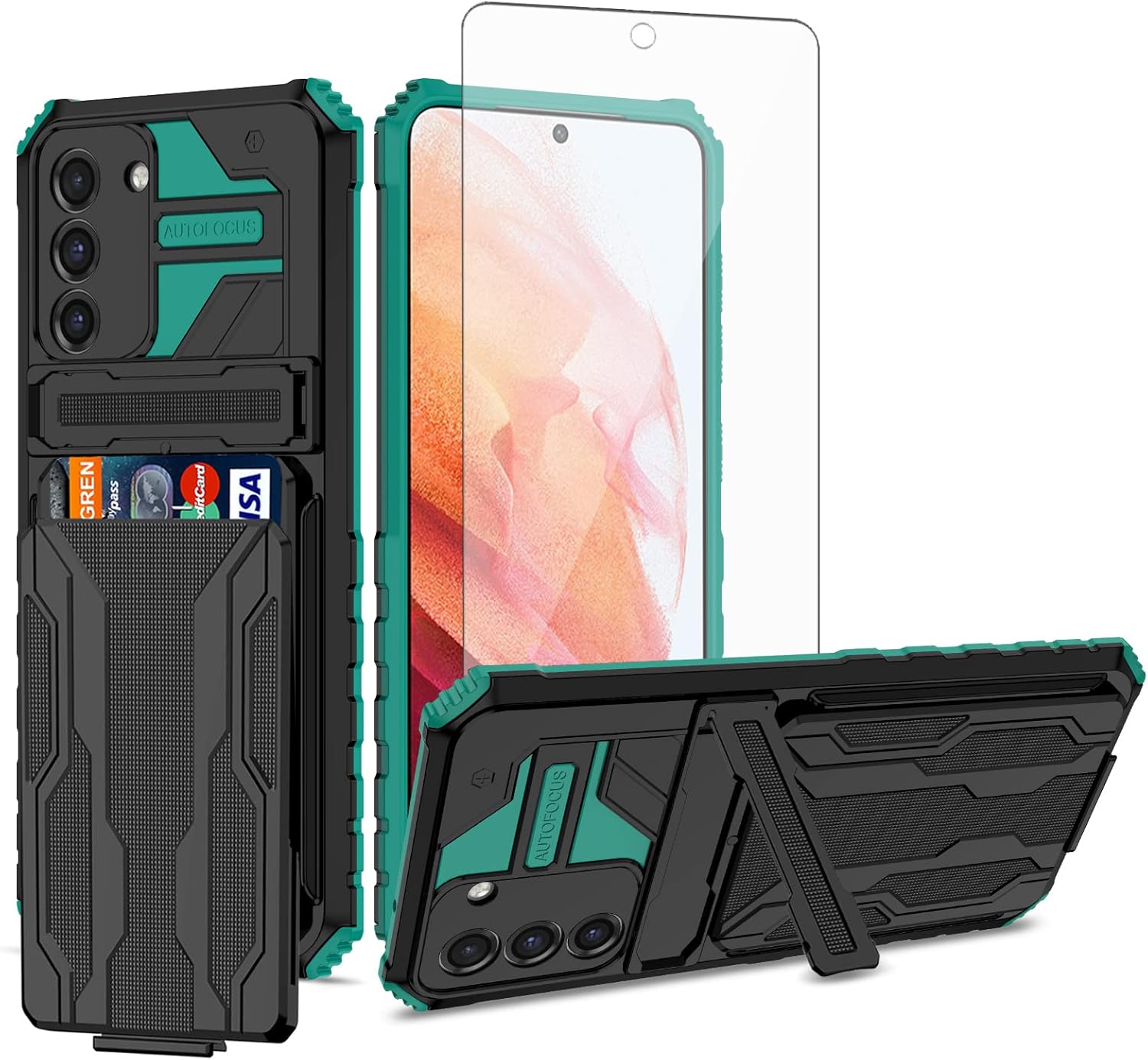 Asuwish Funda de teléfono para Samsung Galaxy S21 FE Gaxaly S 21 FE 5G con protector de pantalla de vidrio templado y soporte delgado para tarjeta