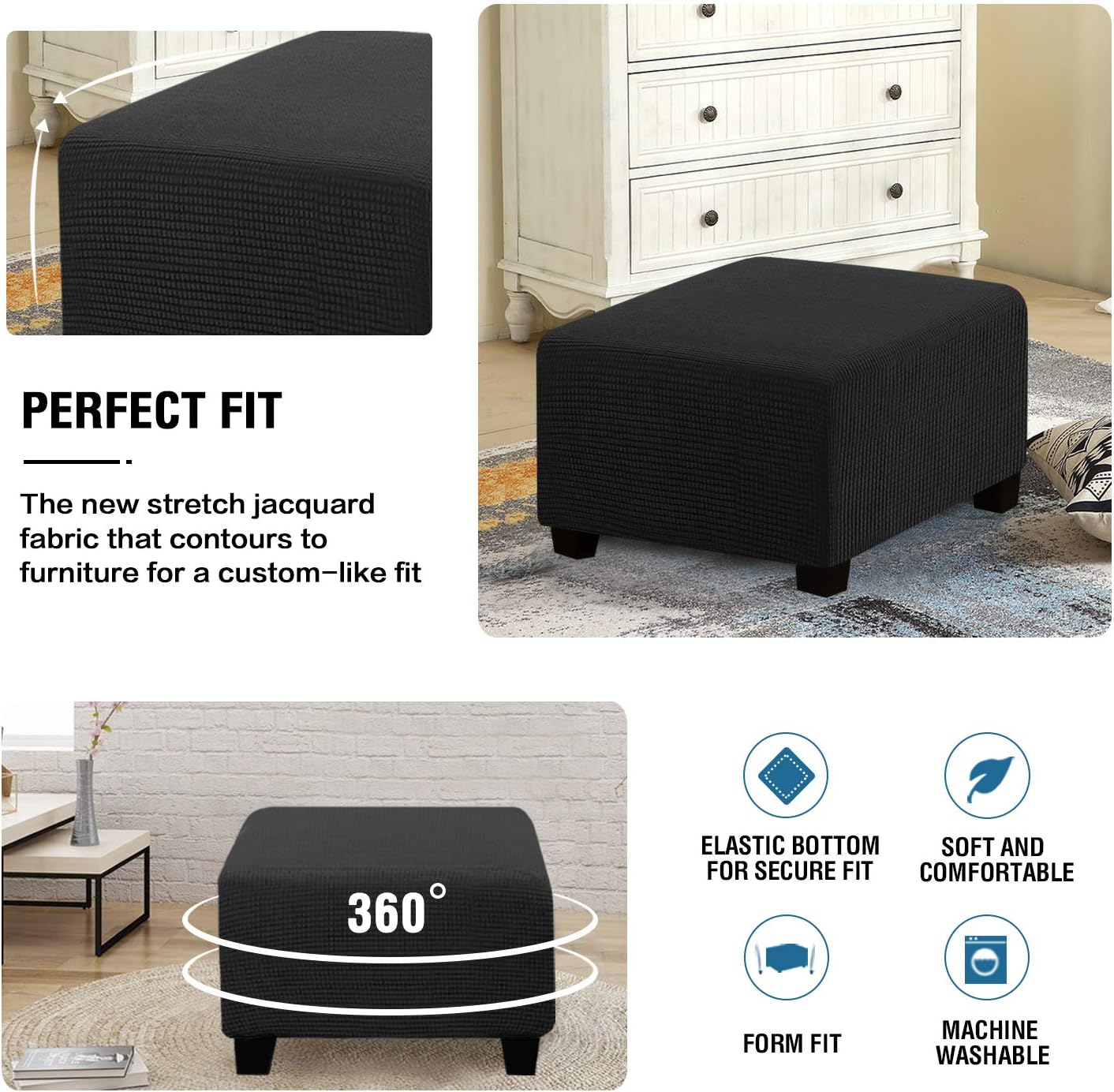 DKSLIPGO Fundas otomanas cuadradas de jacquard, fundas otomanas, protector de taburete de almacenamiento plegable, parte inferior elástica, elástico