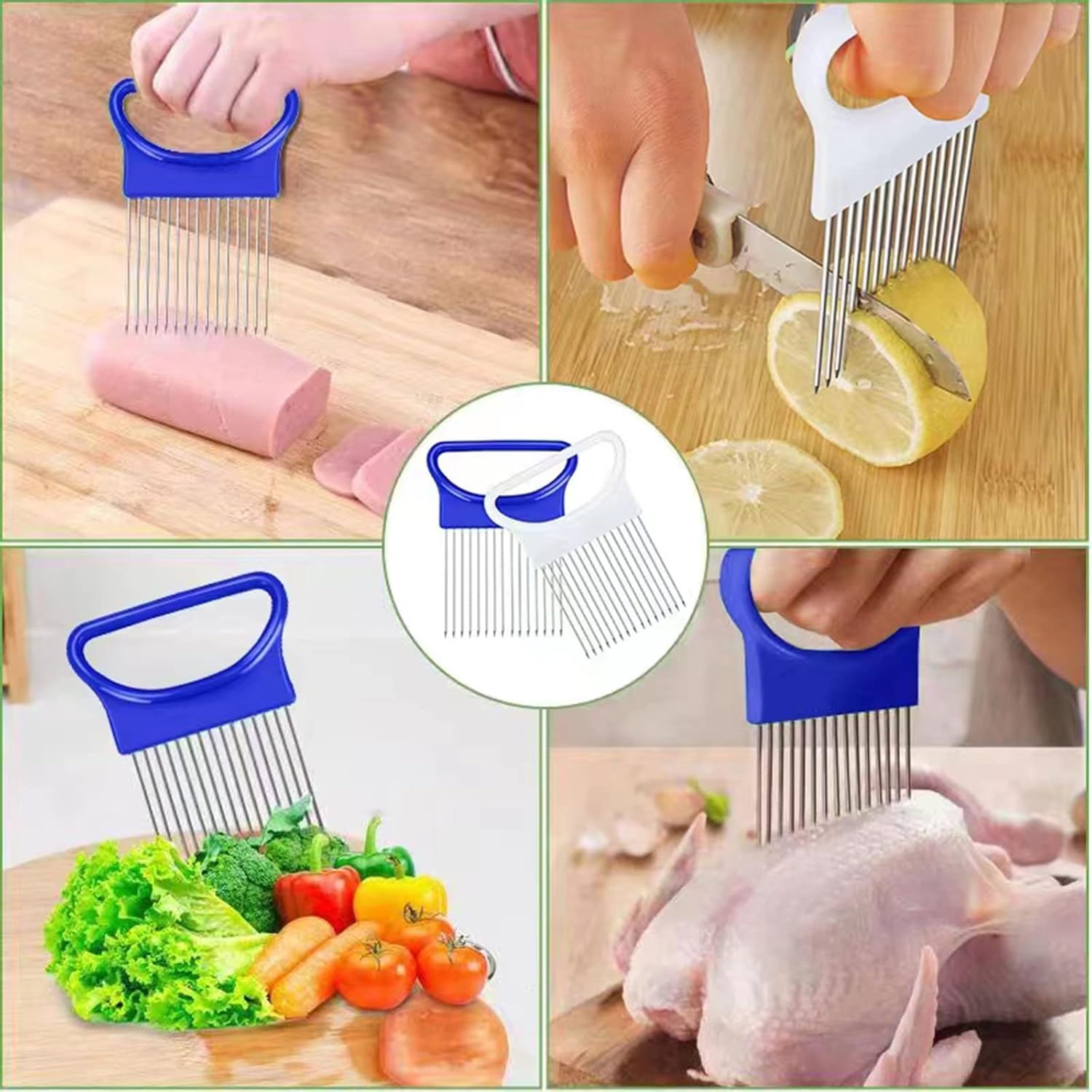2Pcs Ruooson Onion Holder for Slicing, Stainless Steel Prongs Kitchen Slicer, Lemon Potato Cucumber Vegetable Cutter Comb,Meat Tenderizer,(white and