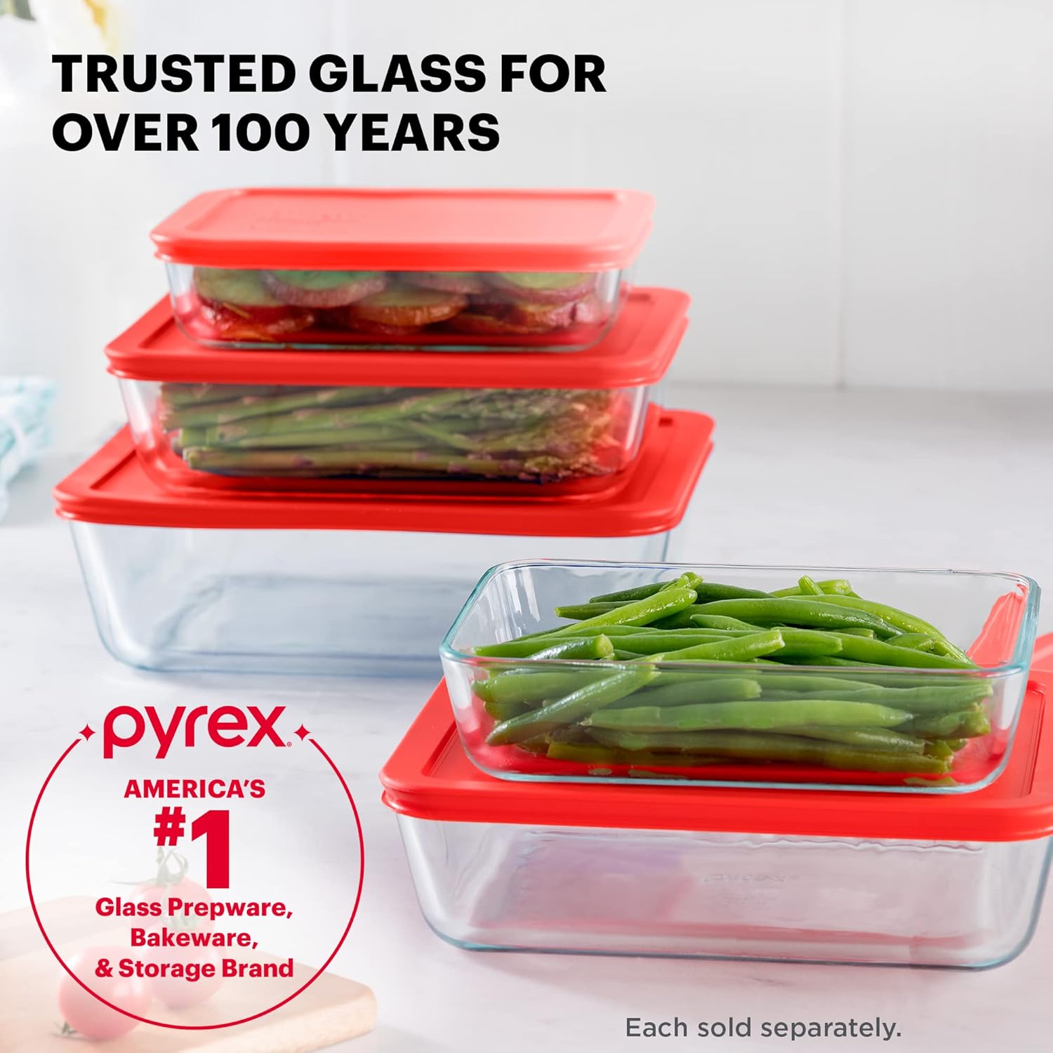 Pyrex Simply Store Recipiente de vidrio para almacenamiento de alimentos, tapas de plástico no tóxico sin BPA, apto para congelador, lavavajillas y