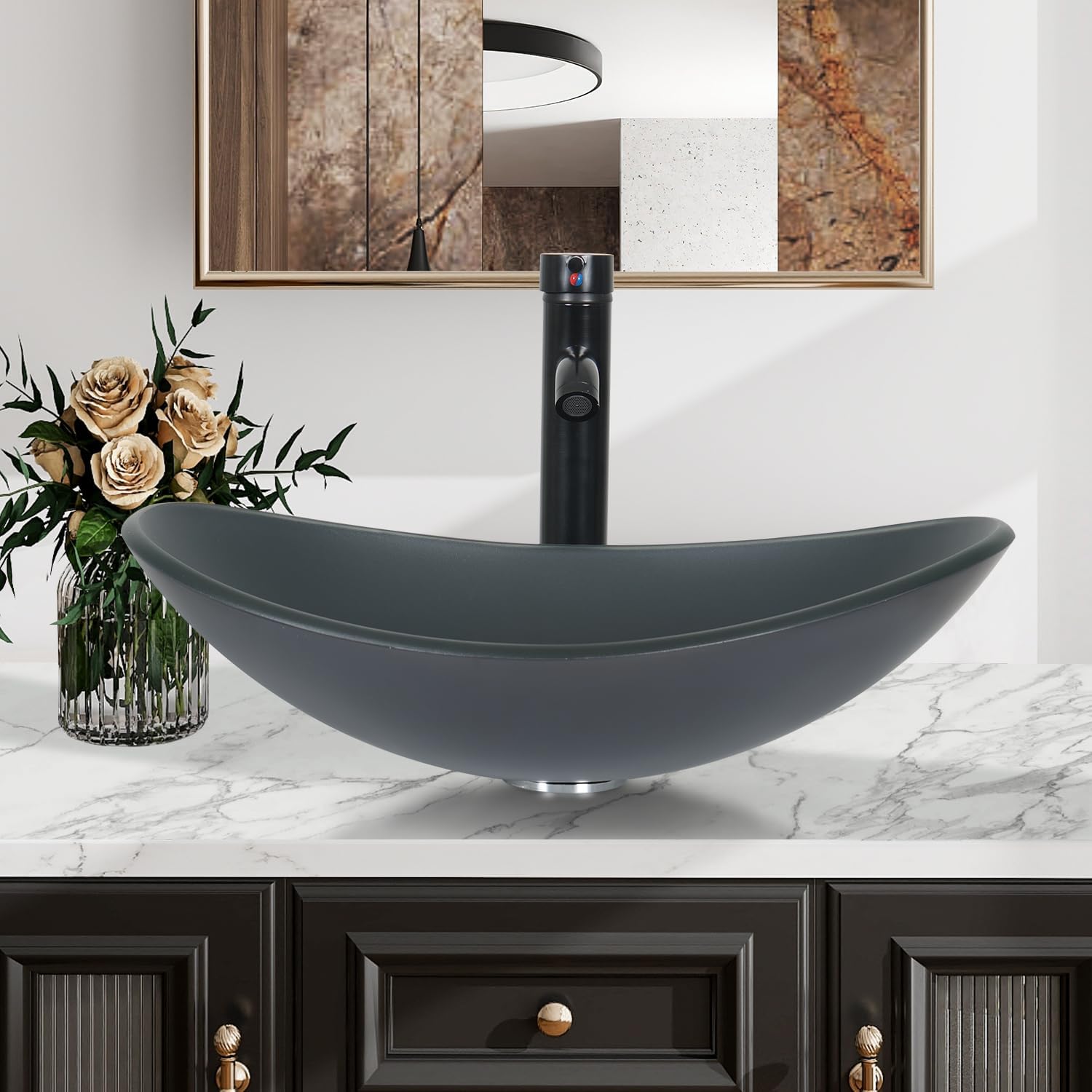 Puluomis Lavabo de vidrio con forma de barco para baño con grifo y drenaje emergente, color gris esmerilado